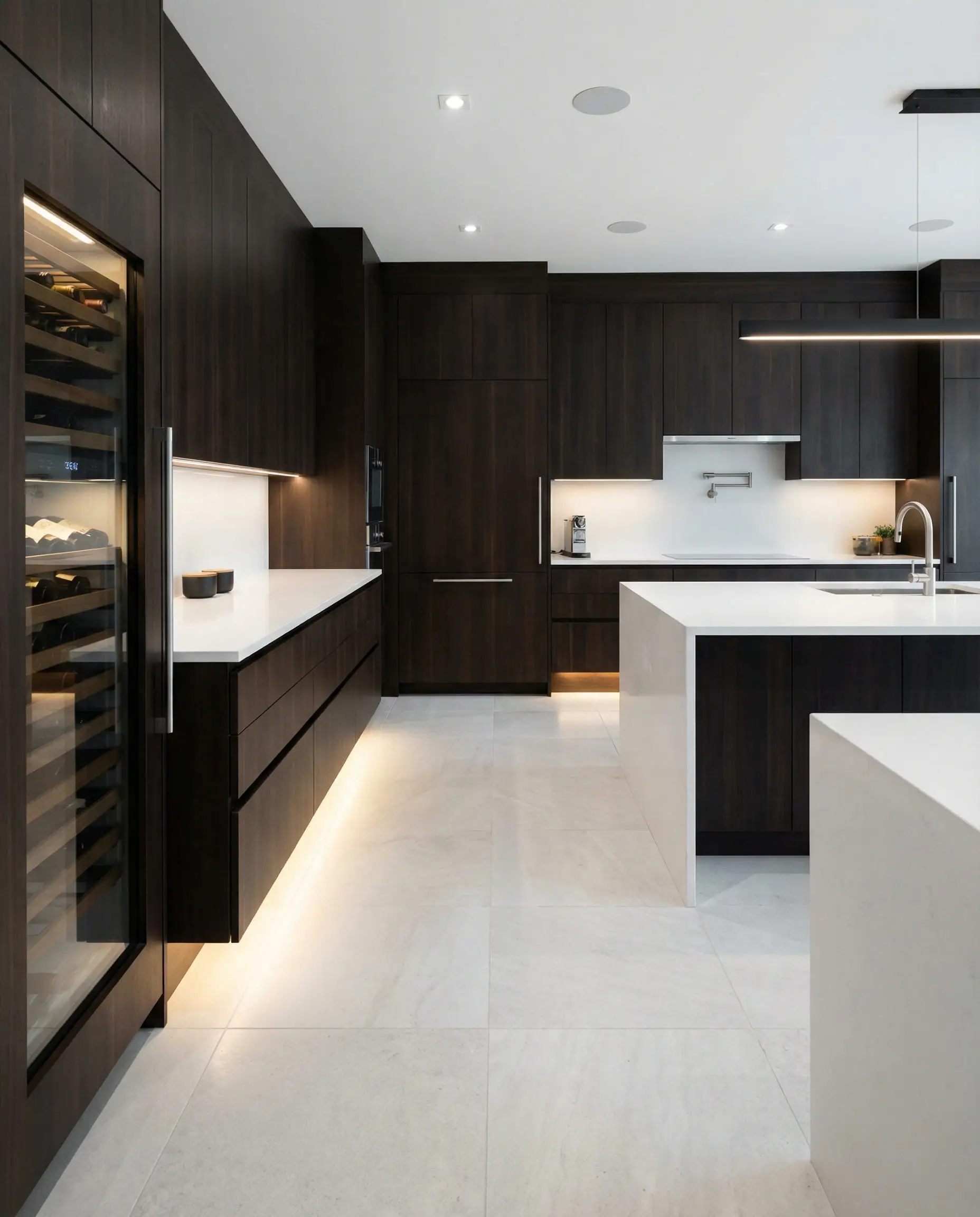 Contemporary luxury kitchen with floor-to-ceiling dark walnut cabinets and pale gray limestone floors.