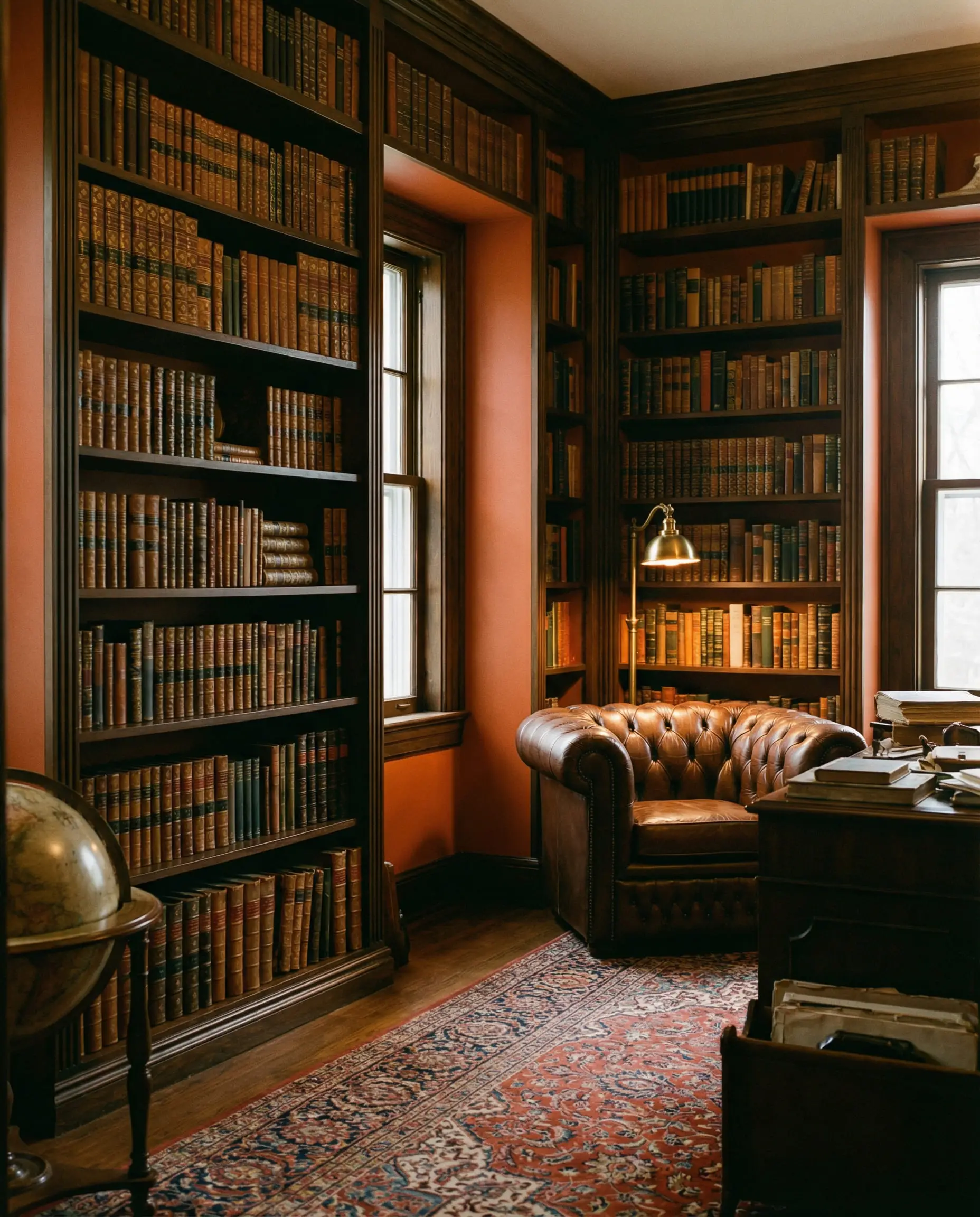 Moody home library featuring dark walnut bookshelves and a leather chair against deep rust orange walls.