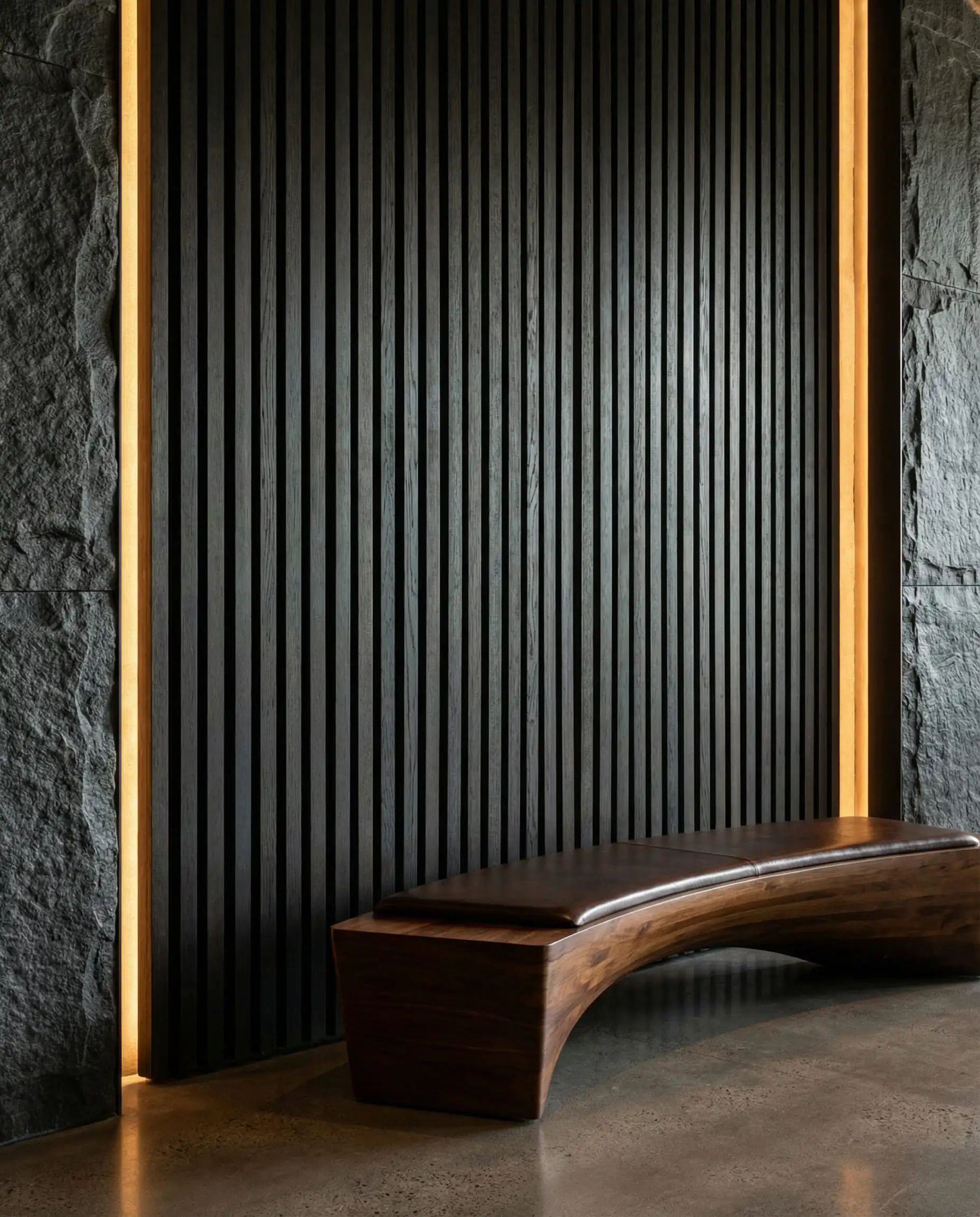 Decorative vertical black slat wall with integrated LED lighting strips and no fireplace insert.