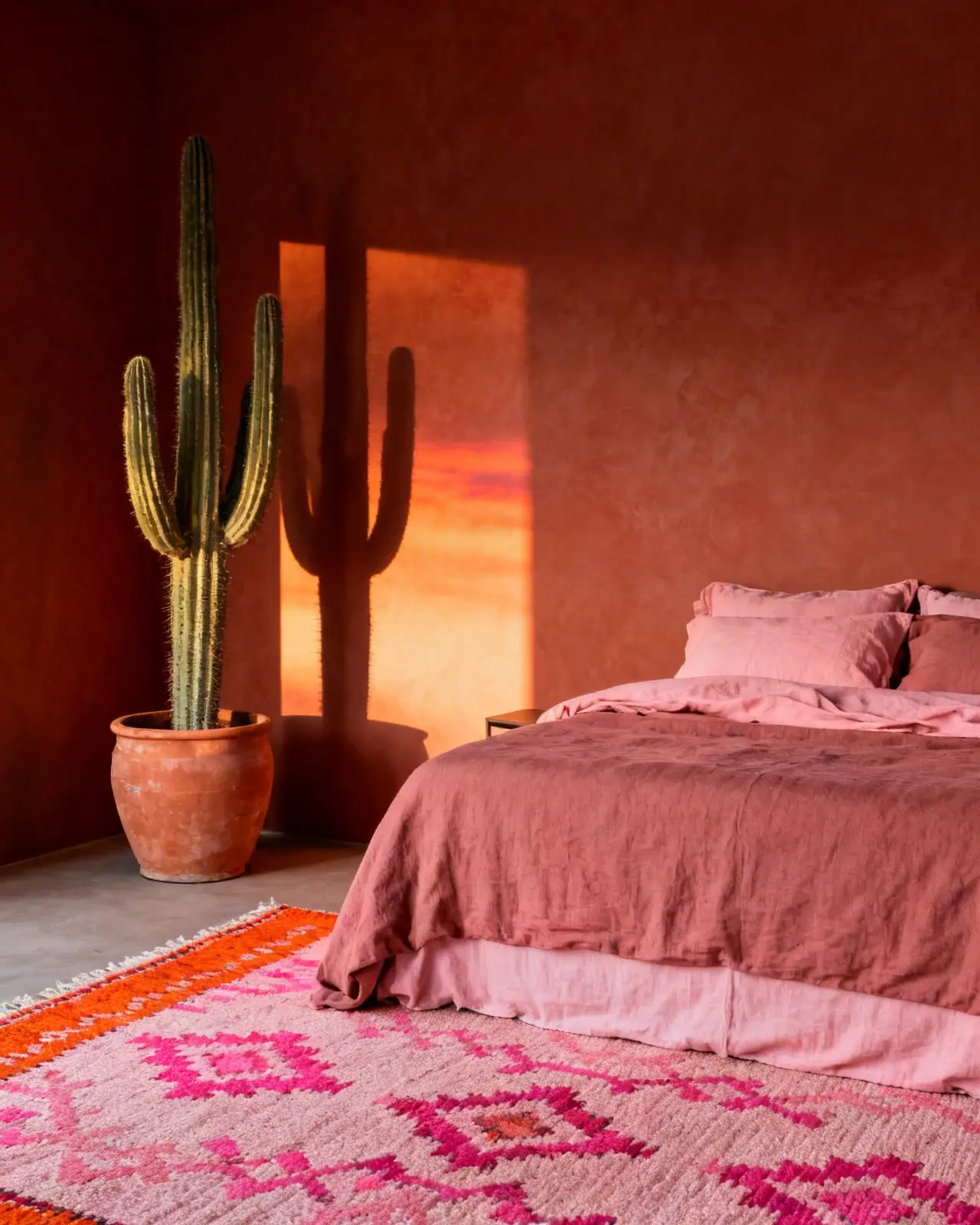 Desert Modern bedroom featuring terracotta walls, blush pink bedding, a cactus plant, and a kilim rug.