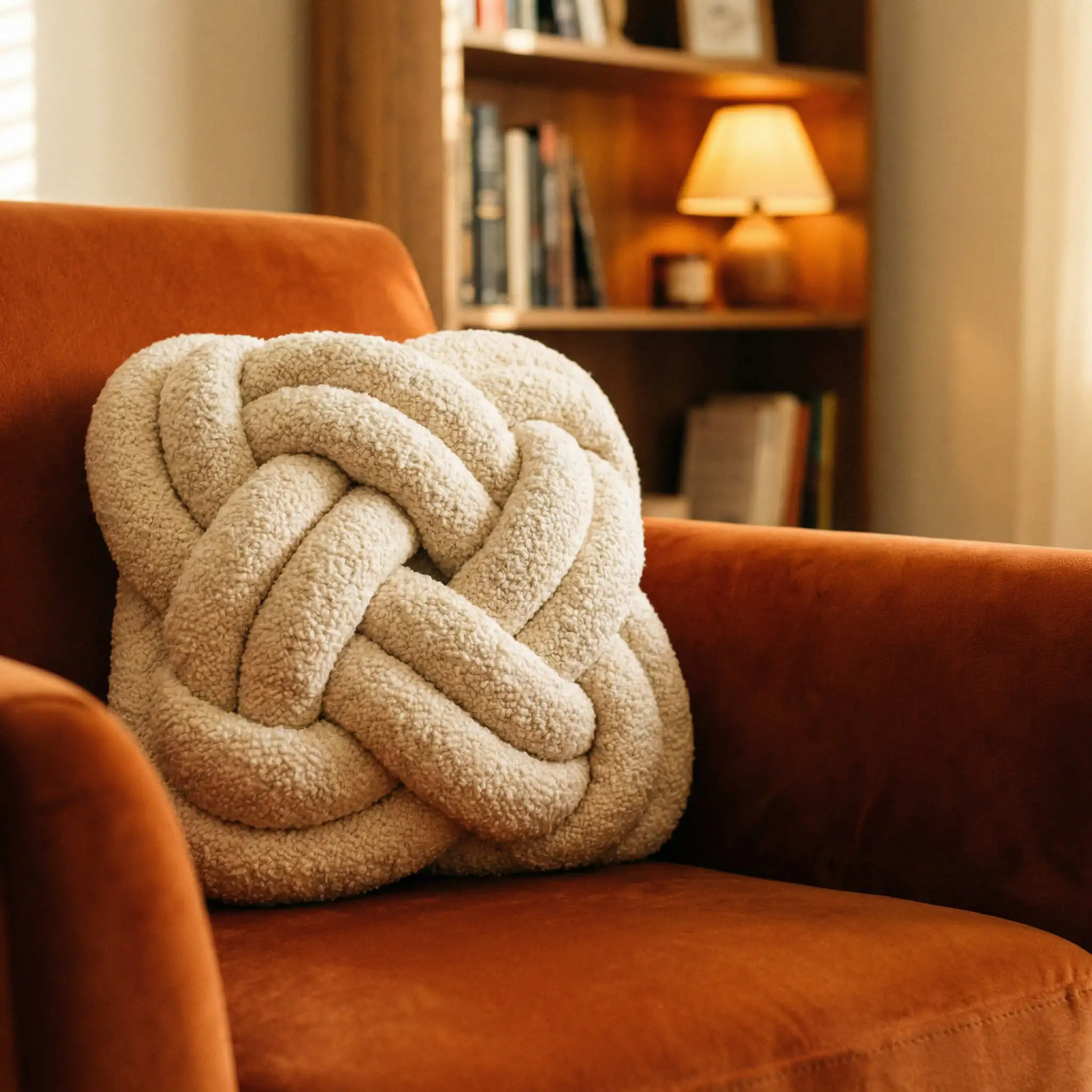 Cream boucle fabric knot pillow on a velvet chair in a cozy corner.