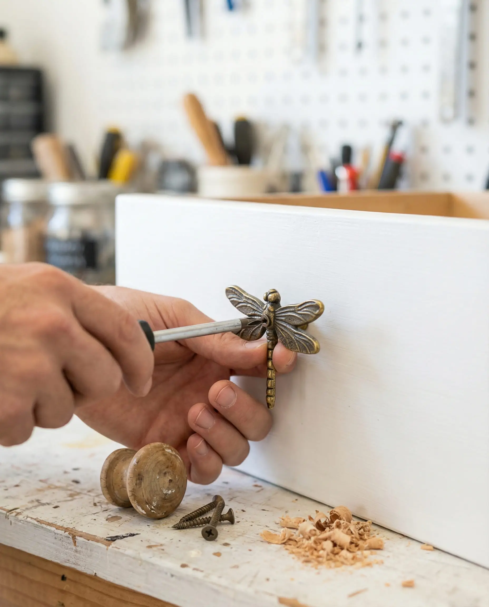 Close-up action shot of hands installing a decorative brass dragonfly knob onto a white drawer.