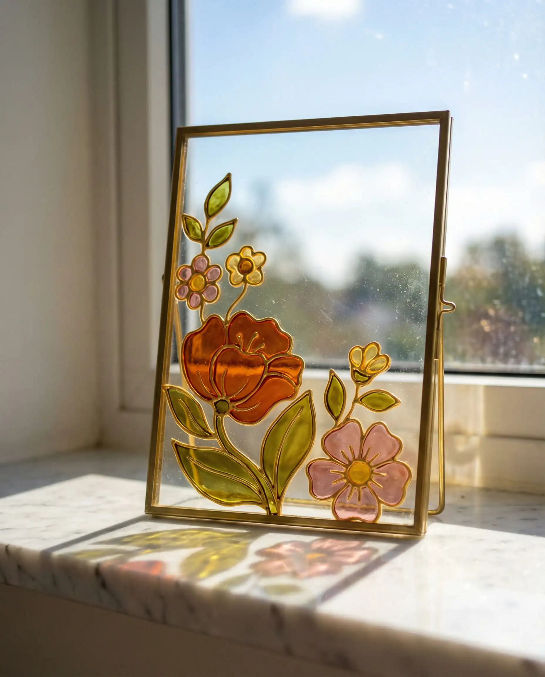 DIY faux stained glass suncatcher made with gallery glass paint in a retro floral pattern on a floating frame.