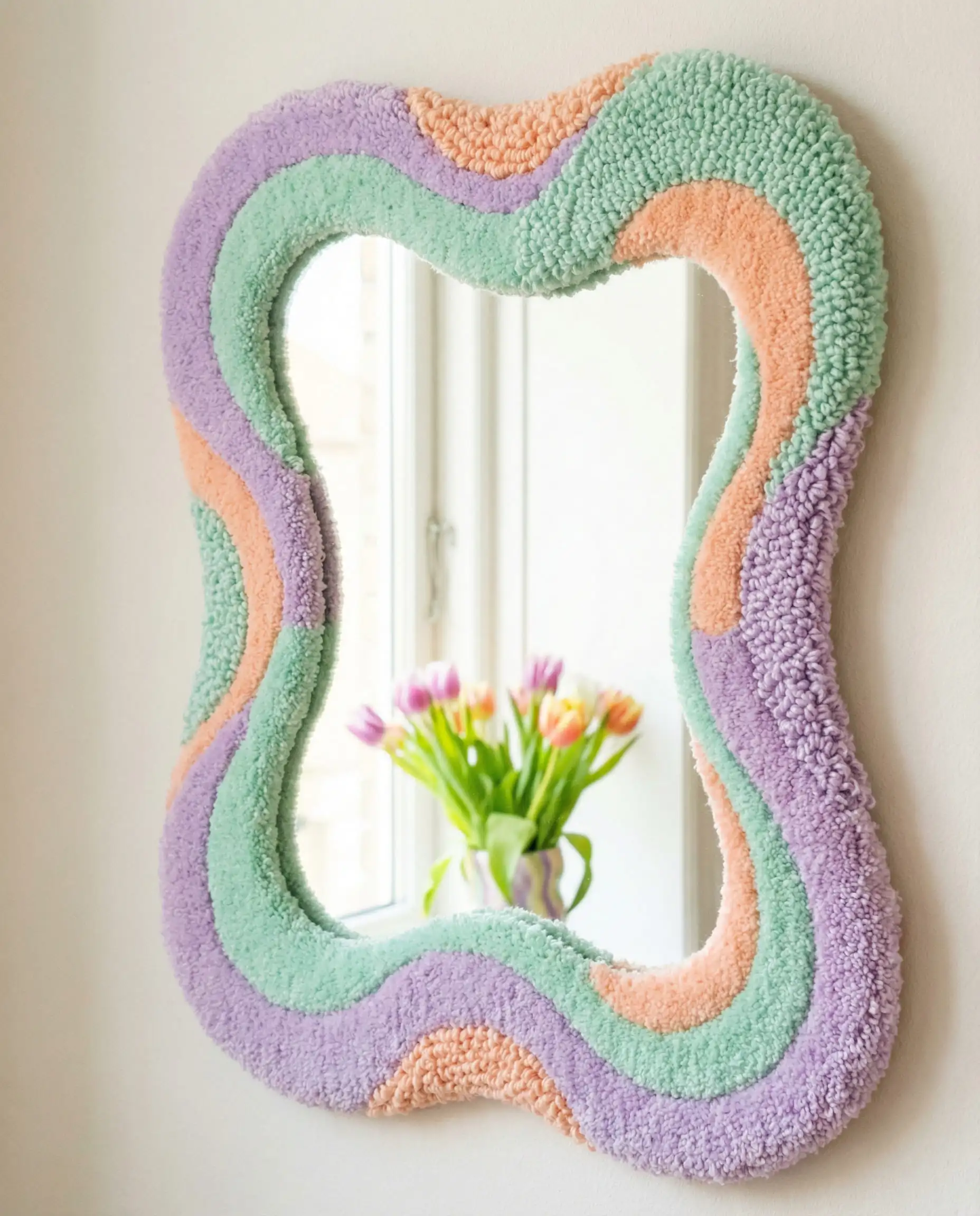 Wavy mirror with a DIY tufted yarn border in pastel colors.