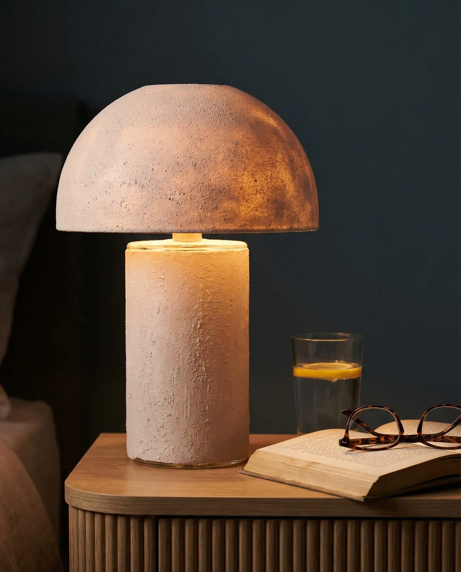 Upcycled glass mushroom lamp painted with baking soda and acrylic paint to look like matte ceramic.