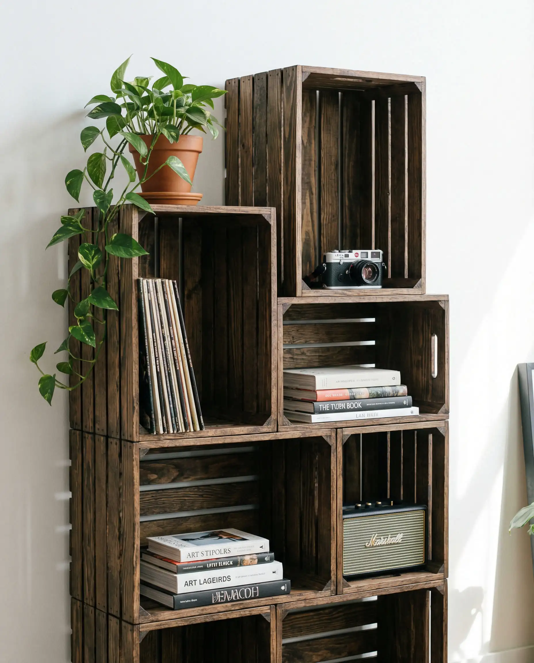 Asymmetrical modular bookshelf made from stacked dark stained wooden crates filled with vinyls and plants.