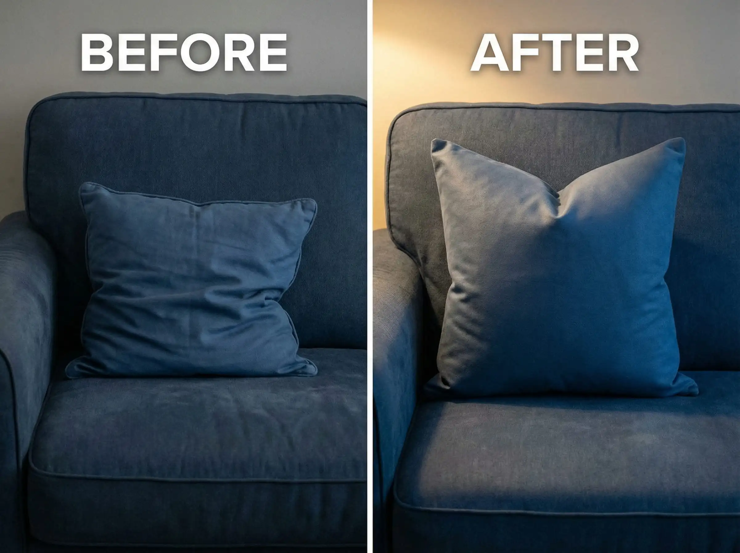 Before and after comparison of a blue couch pillow: one flat and lumpy, the other plump with a karate chop indentation.