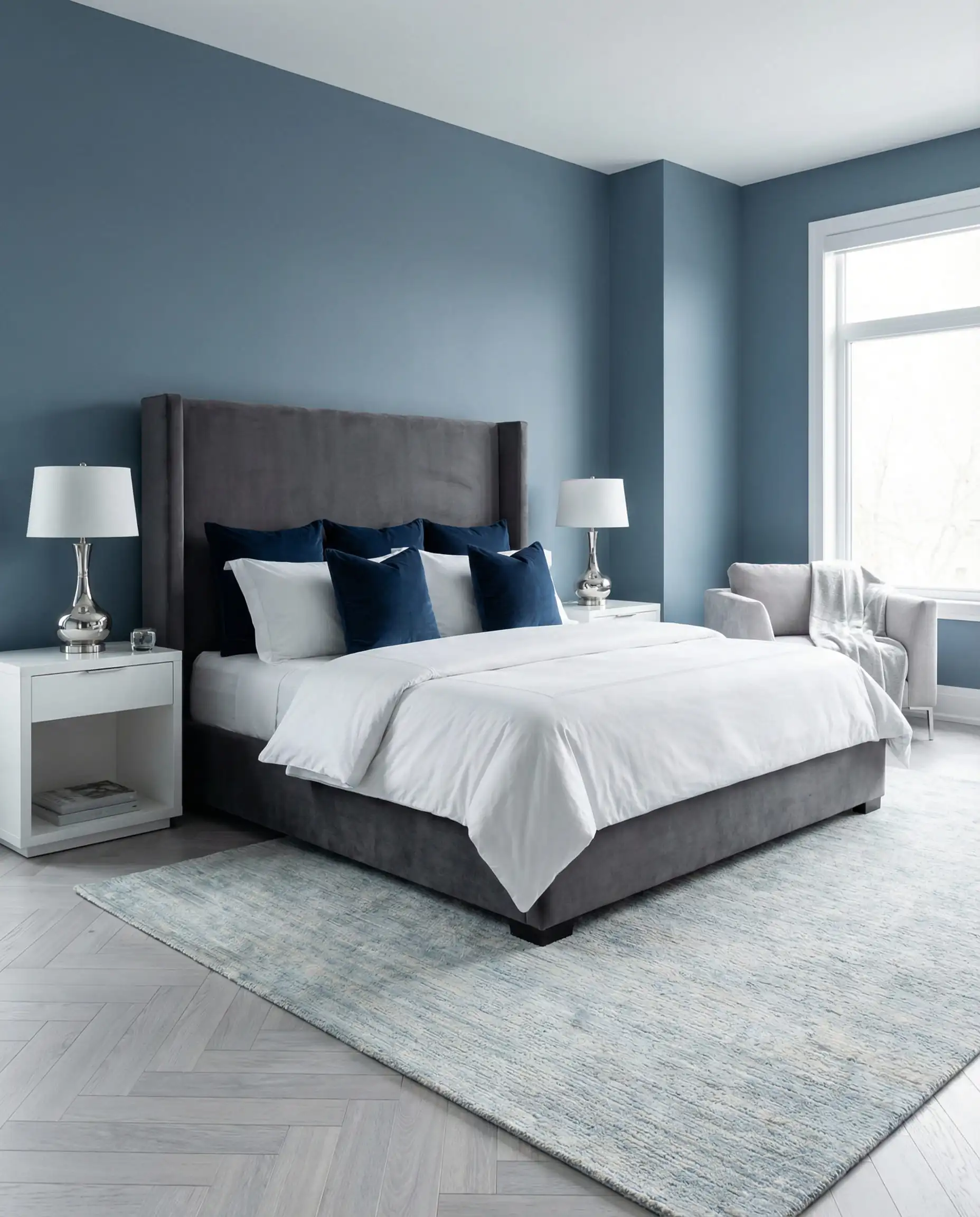Transitional bedroom interior with Sherwin-Williams Upward dusty blue walls, light gray washed wood floors, and a gray velvet headboard.