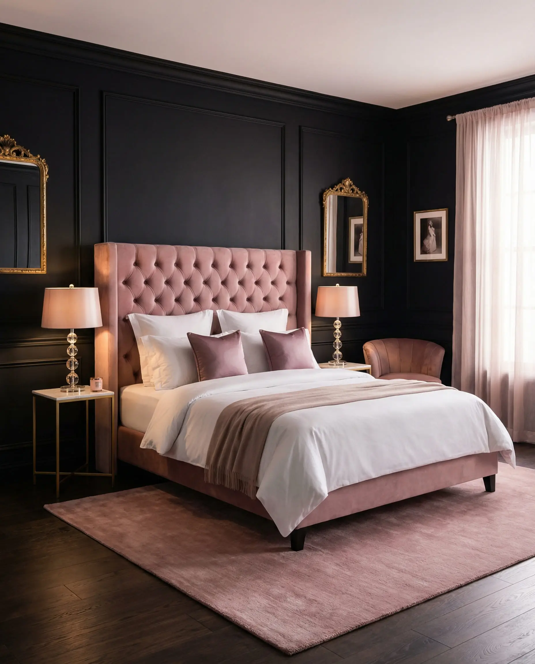 Romantic bedroom with a dusty pink velvet headboard contrasting against a black molded wall.