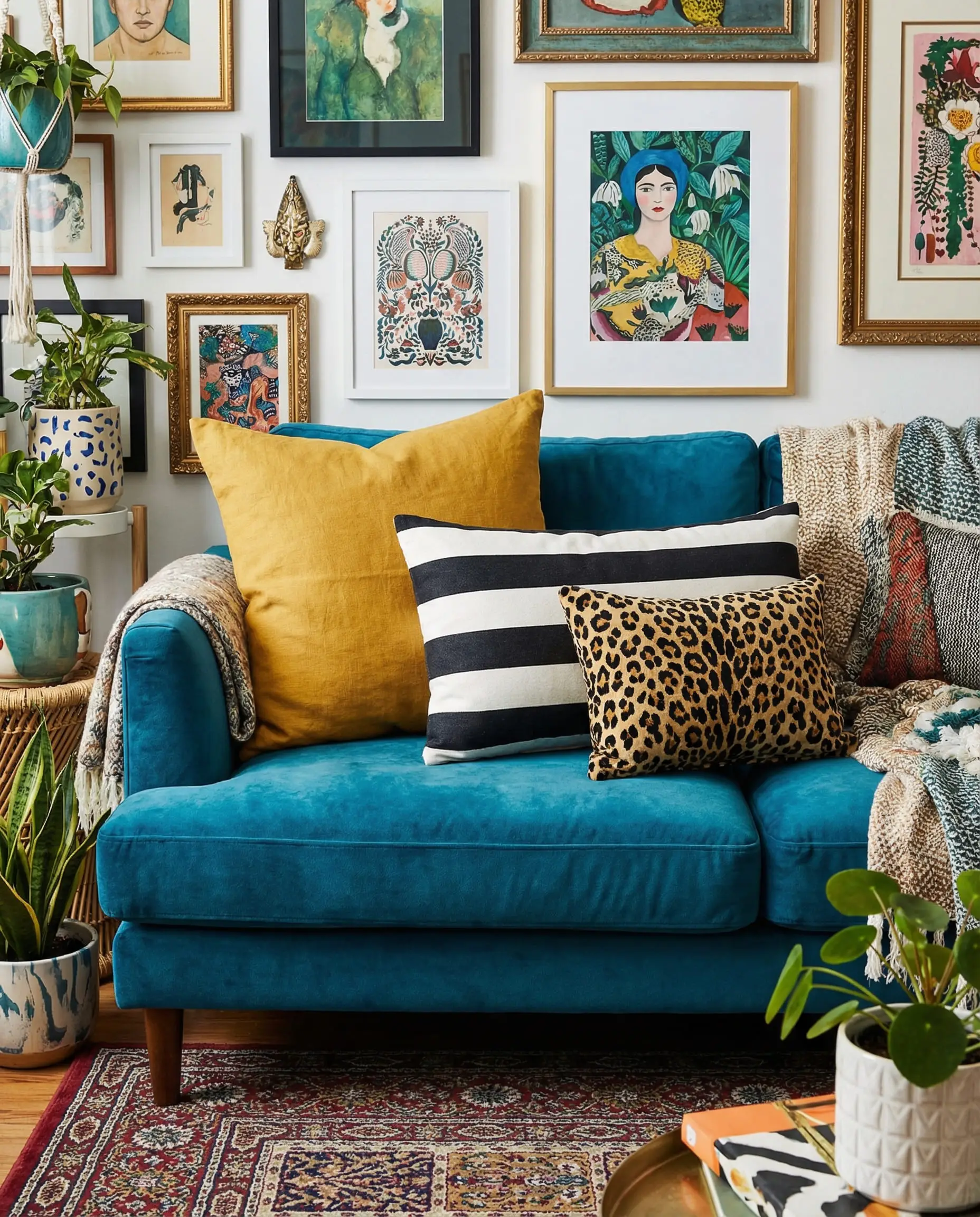 Teal blue couch styled with mustard solid, black stripe, and leopard print pillows.