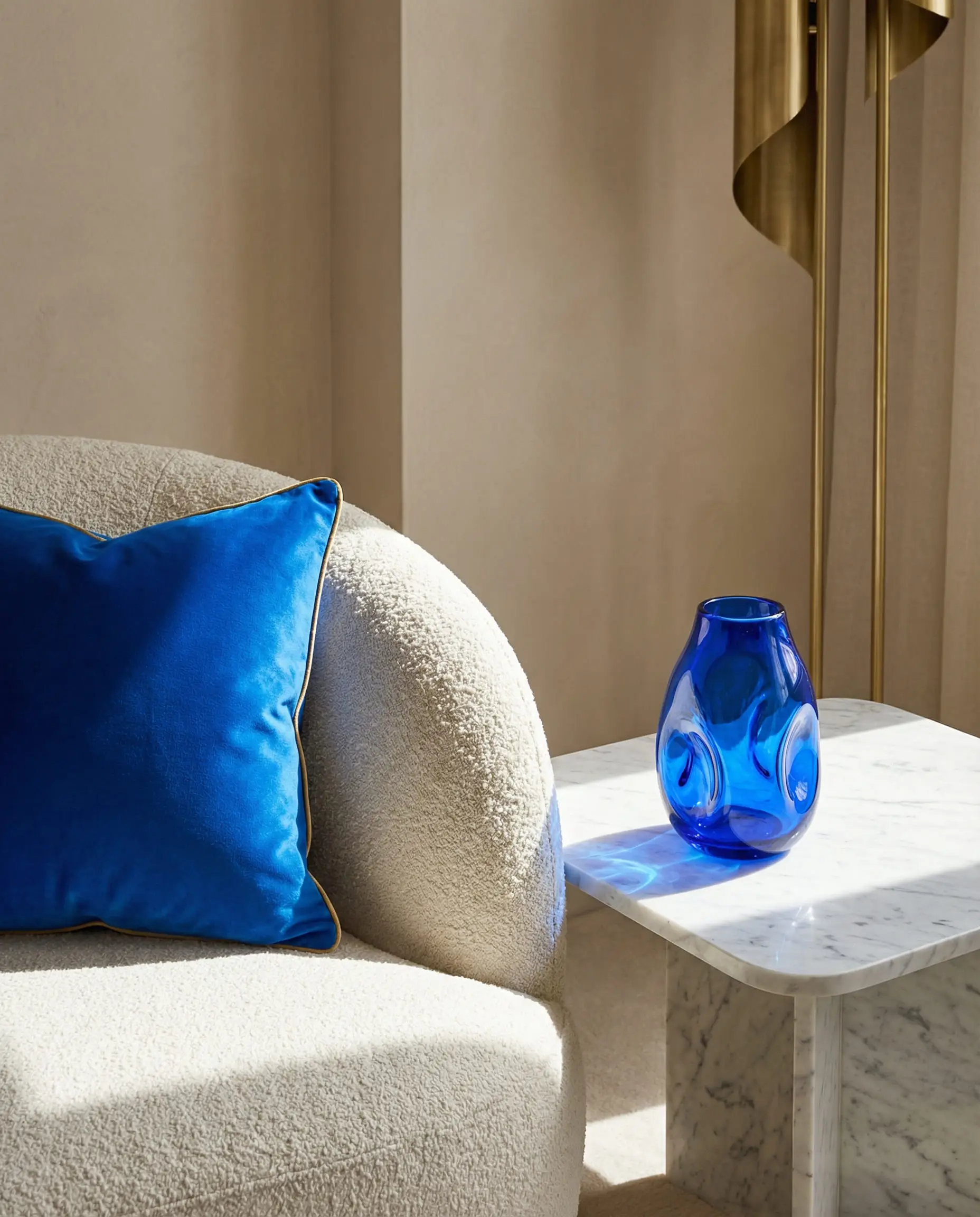 Detail shot of an electric blue velvet cushion on a neutral sofa next to a cobalt blue glass vase.