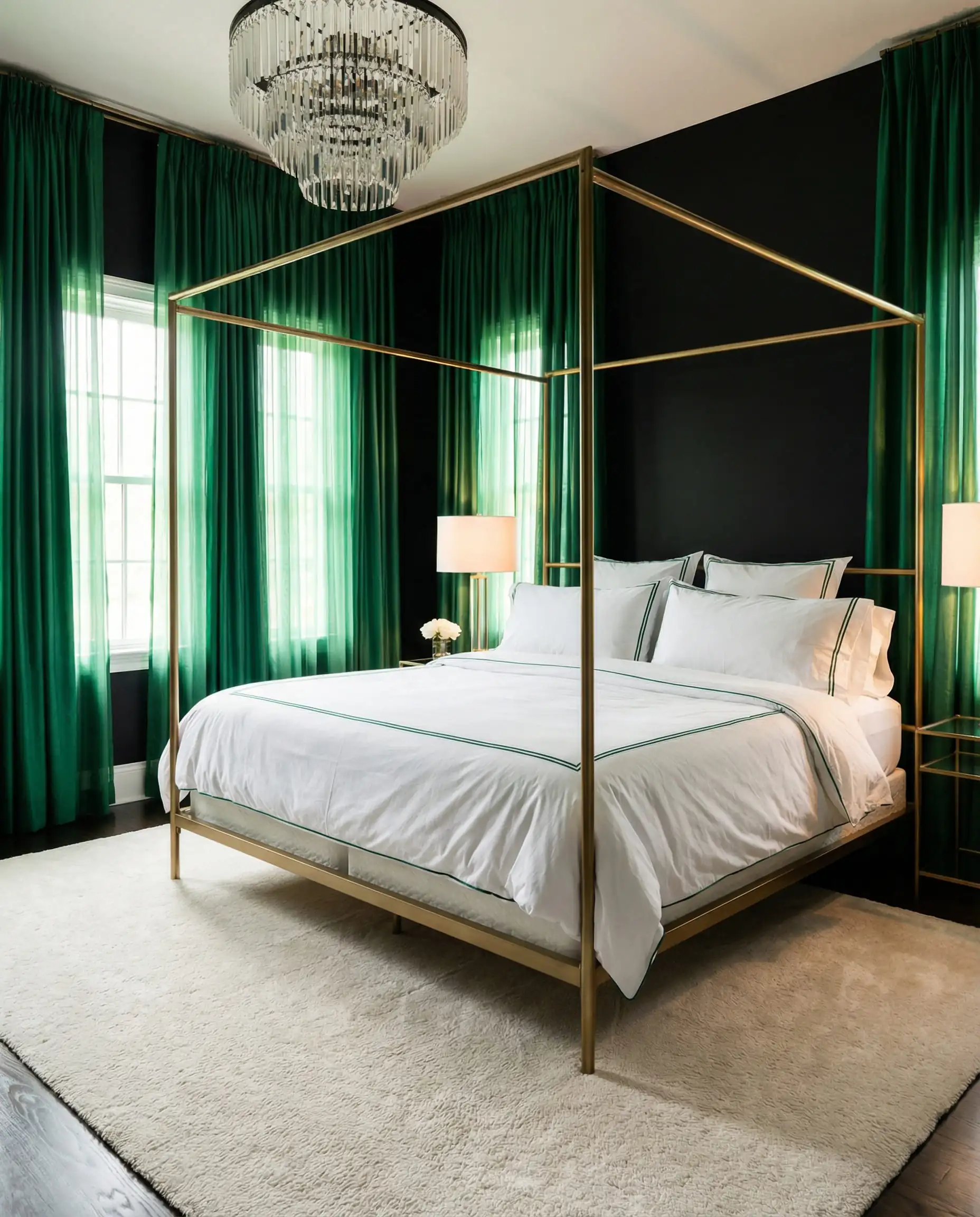 Luxury bedroom with black walls and floor-to-ceiling emerald green silk curtains.