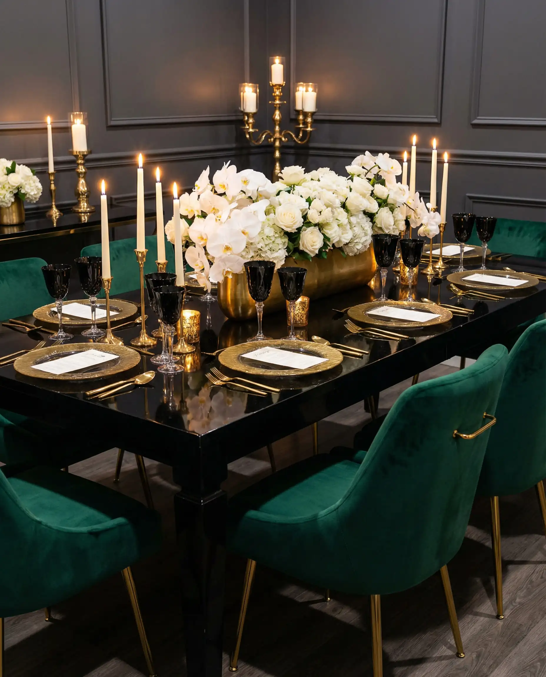 Formal dining room with emerald green velvet chairs, a black table, and gold table setting.