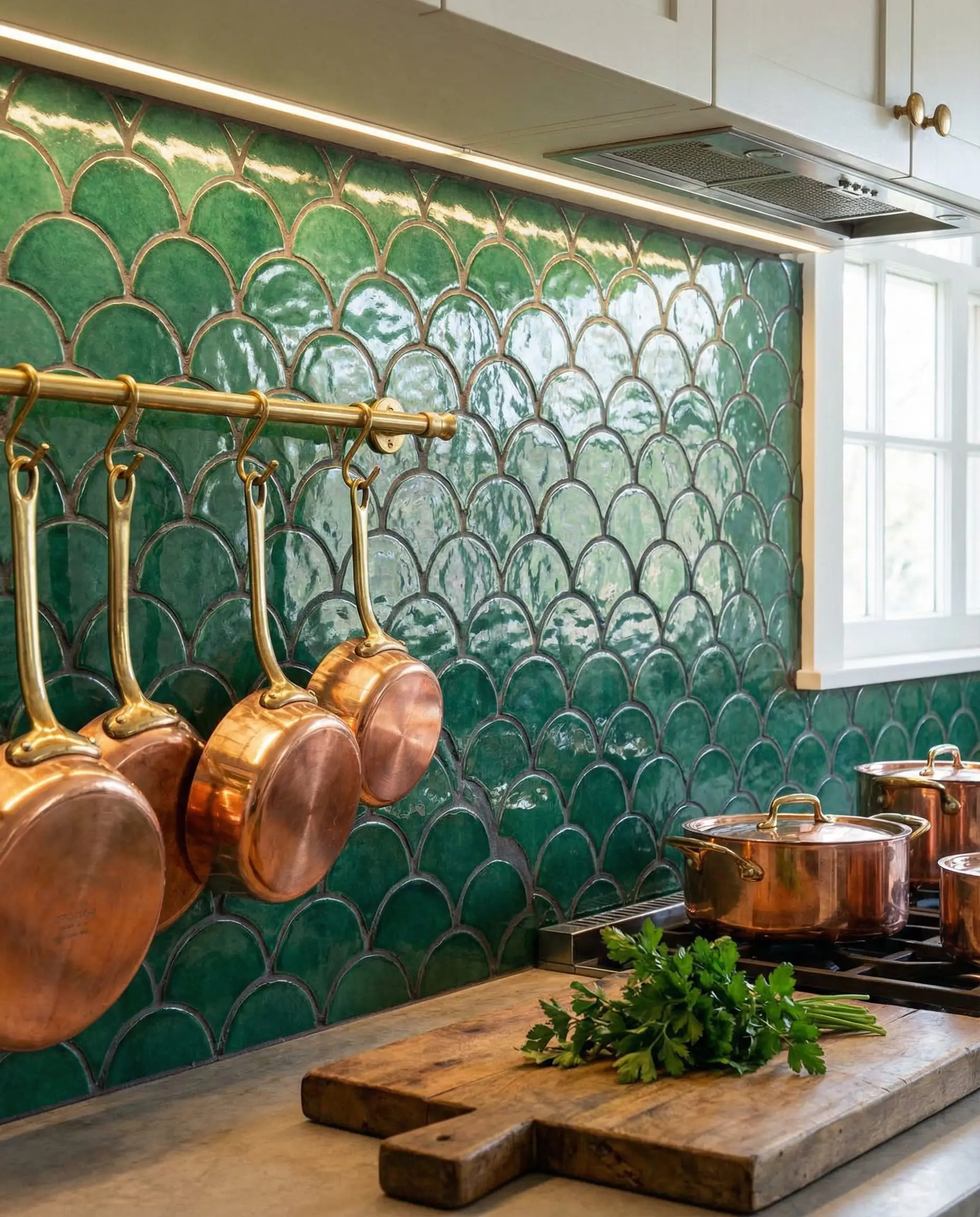 Kitchen backsplash featuring glossy emerald green fish scale (mermaid) tiles with hanging copper cookware.