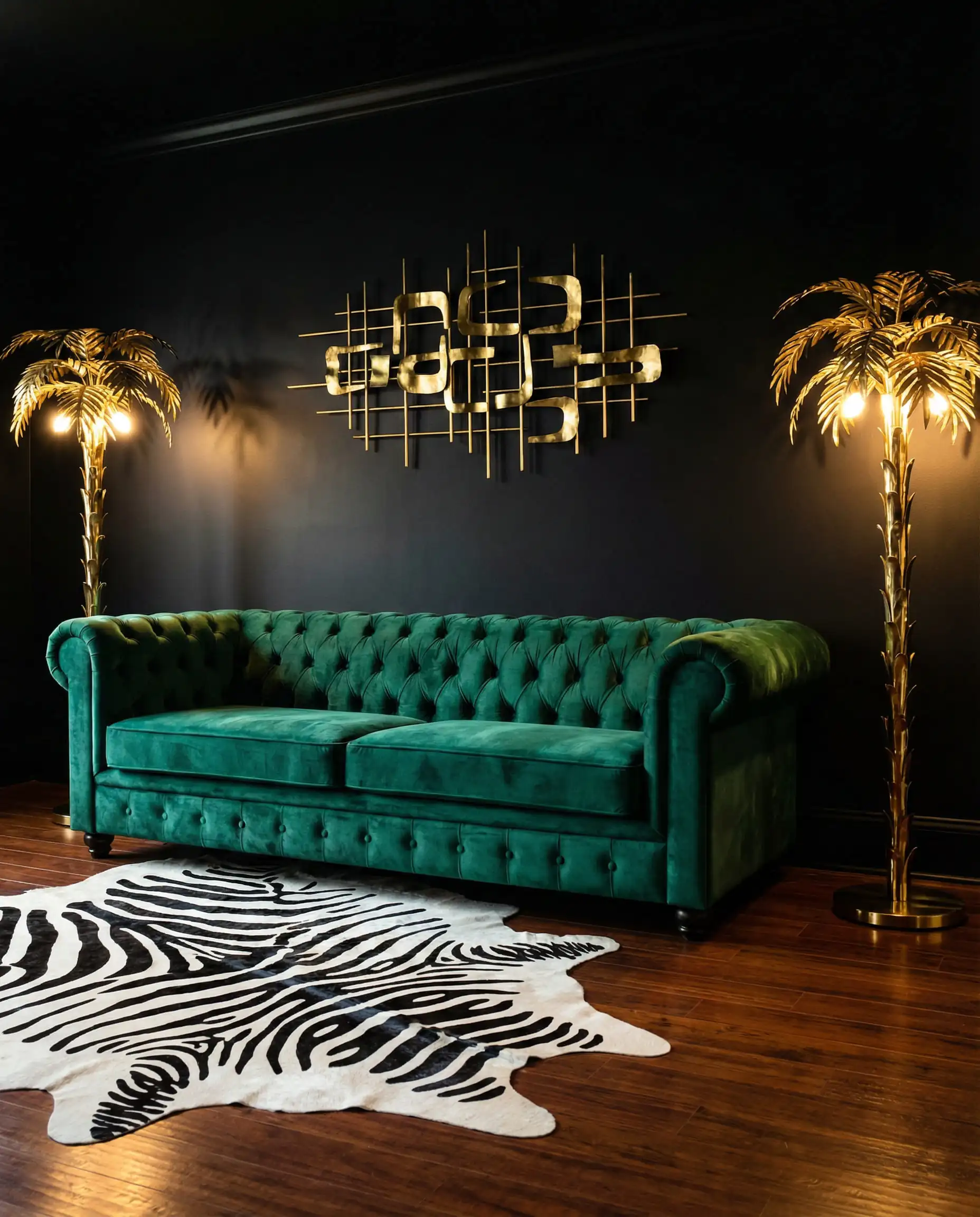 Hollywood Regency style living room with an emerald green tufted sofa and gold palm lamps.