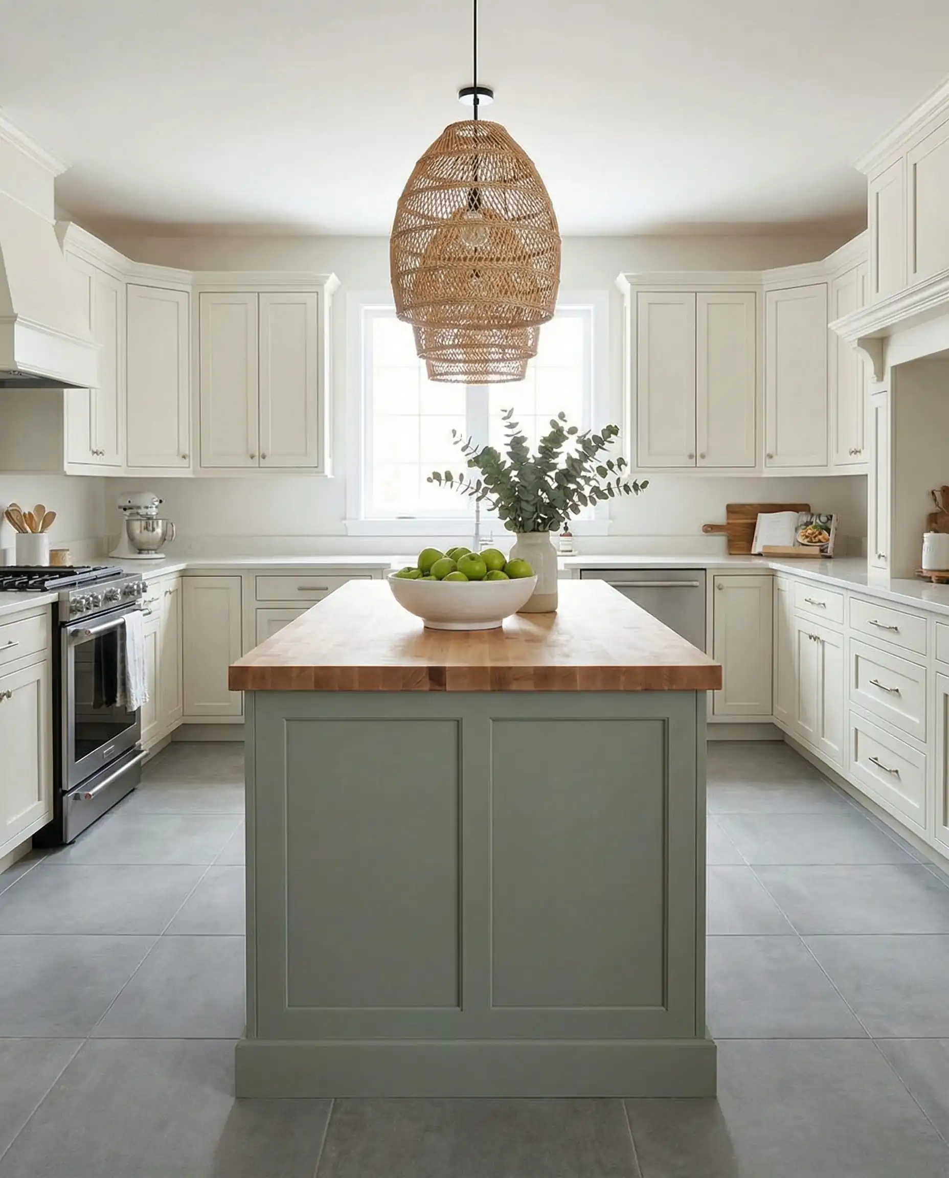 Kitchen island painted in Sherwin Williams Evergreen Fog on a cool gray ceramic tile floor.