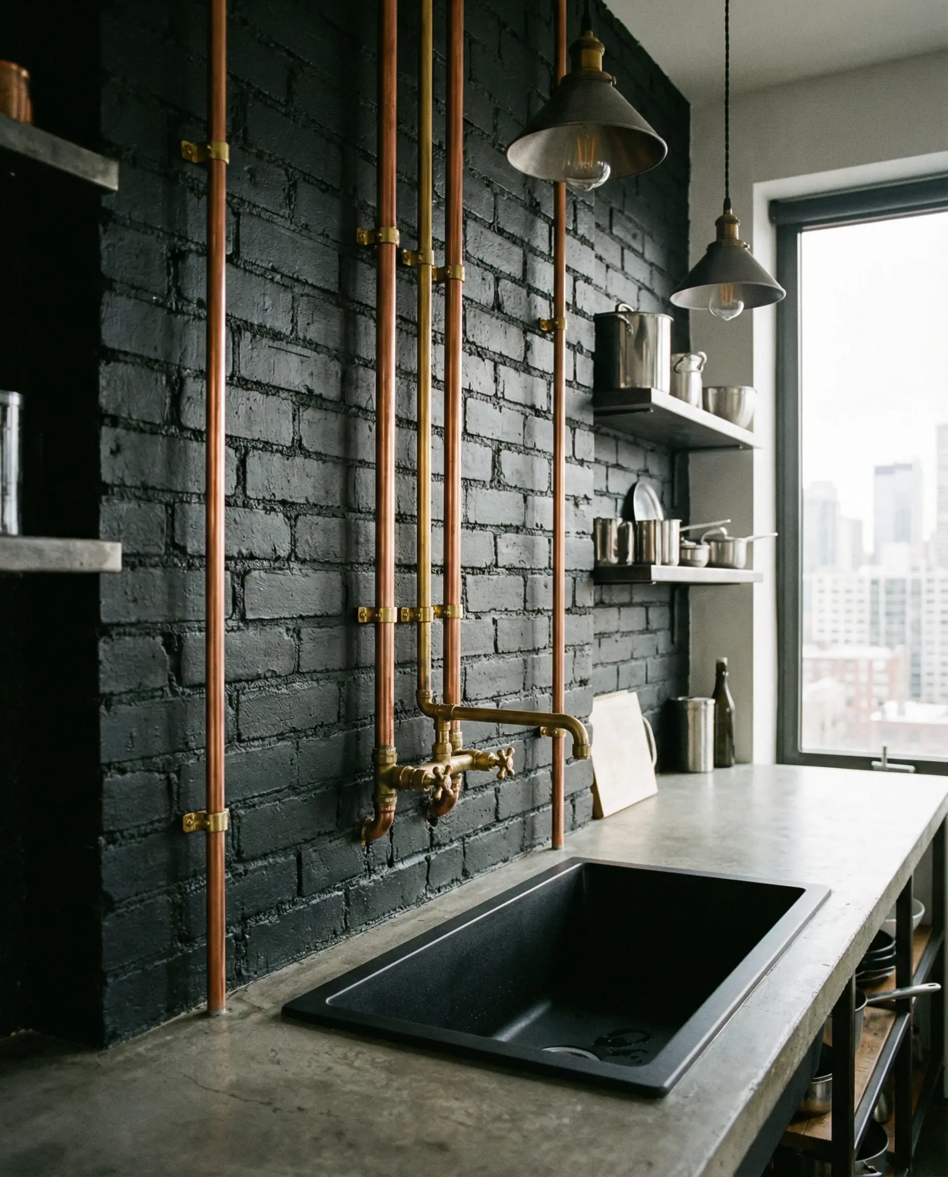 Industrial kitchen wall with exposed polished brass water pipes leading to a faucet against black brick.