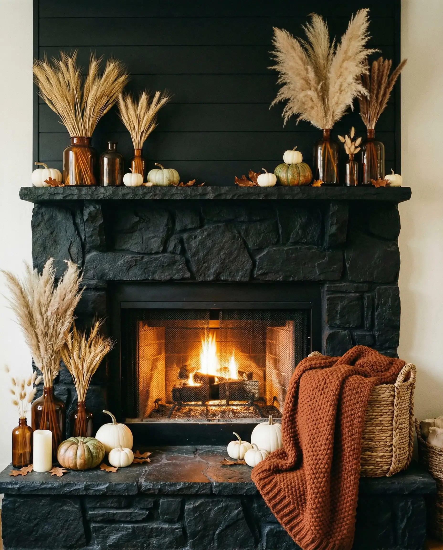 Black fireplace mantel styled with dried pampas grass and pumpkins for autumn.