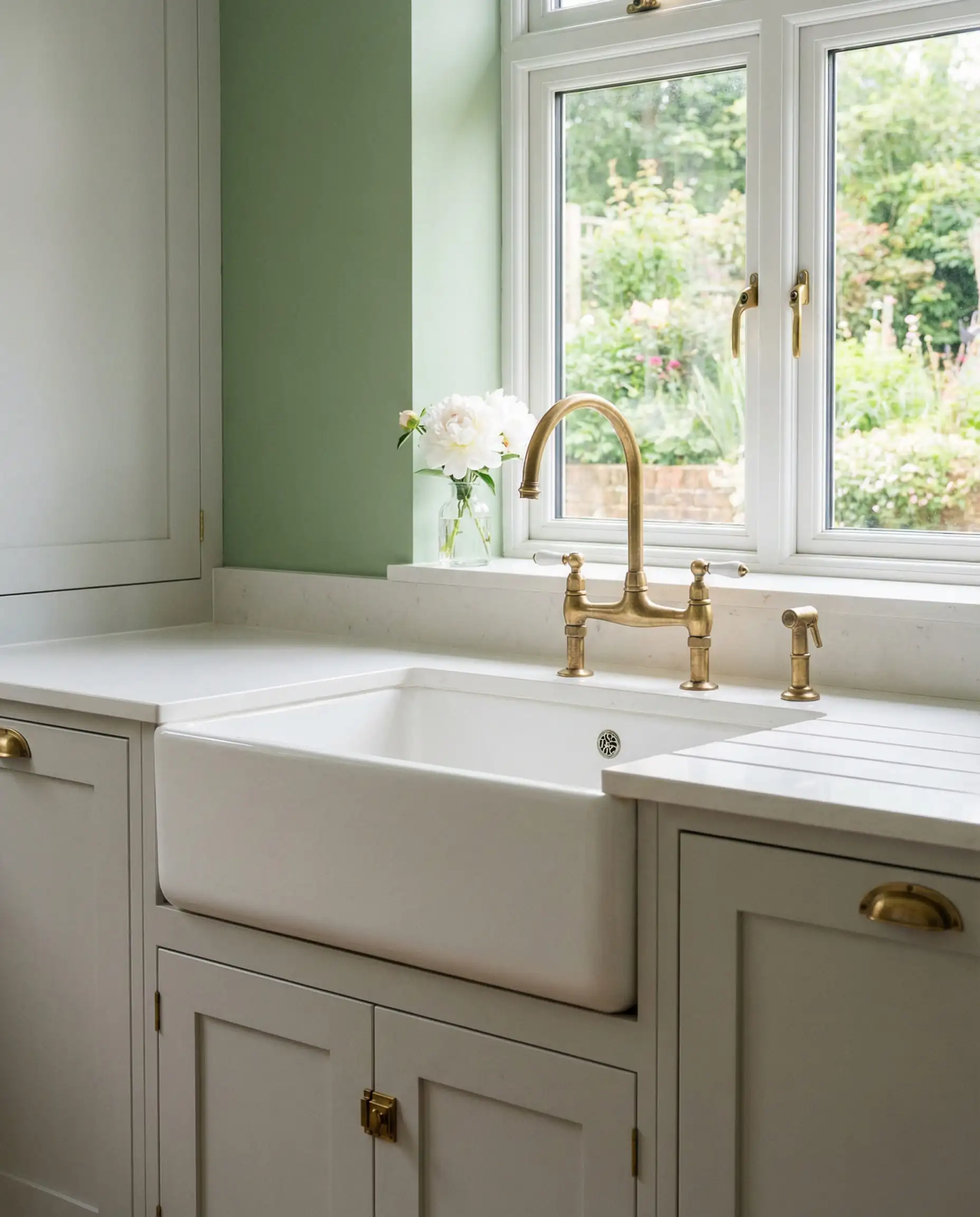 Bright kitchen sink area with gray cabinets, a farmhouse sink, and soft fern green walls framing a garden window.