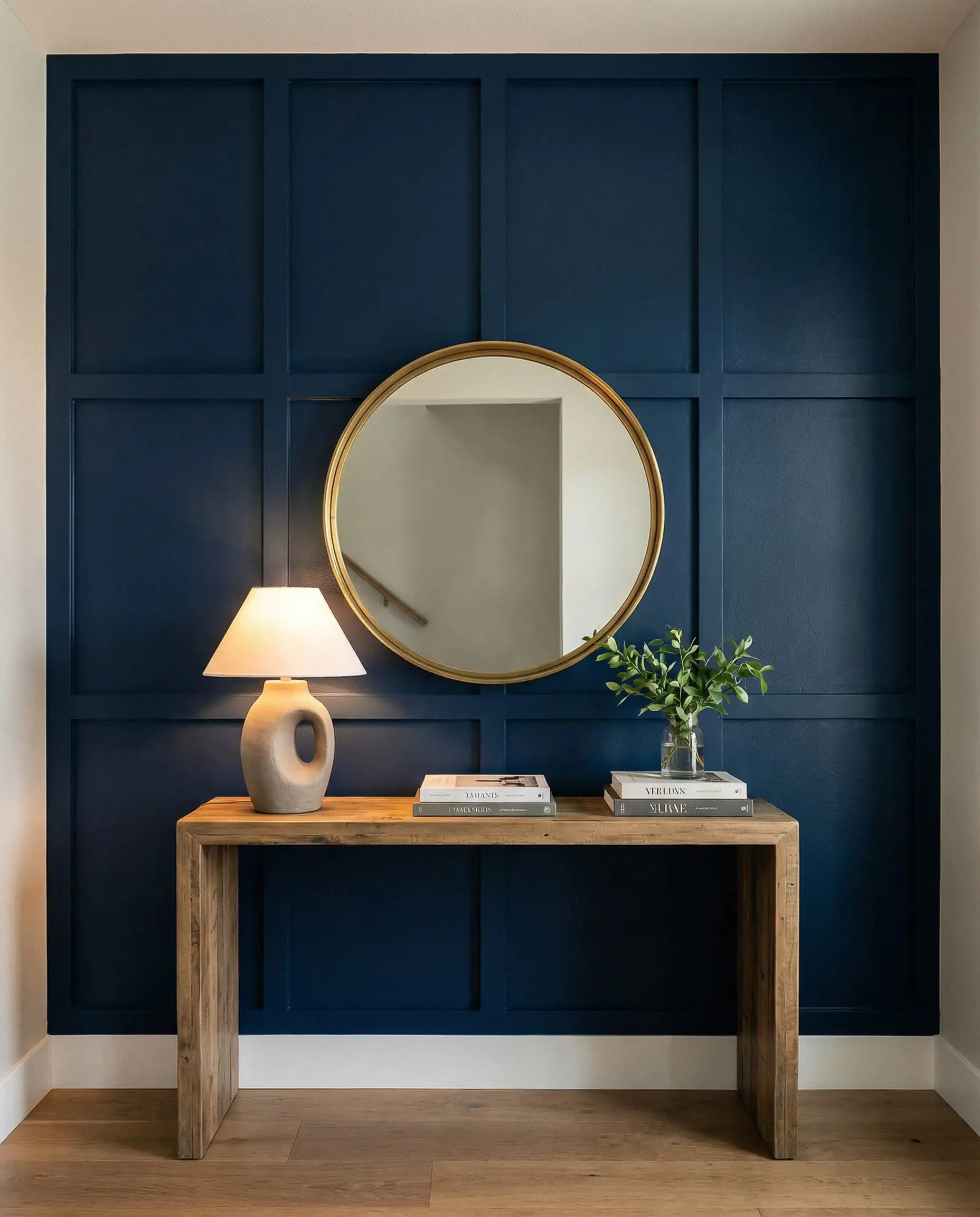 Completed navy blue board and batten accent wall styled with a console table and mirror.