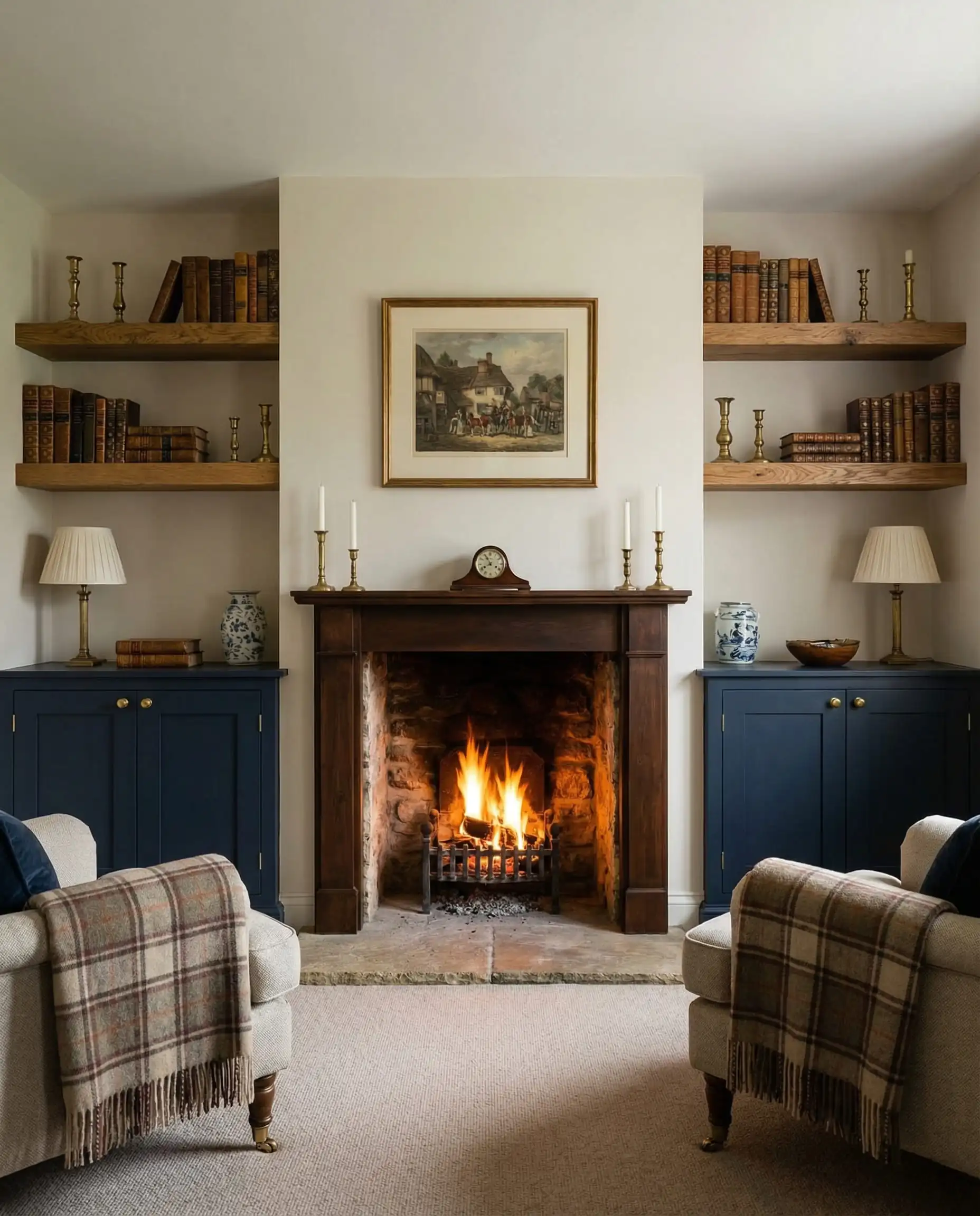 Traditional fireplace with navy blue built-in cabinets and oak shelves in the alcoves.
