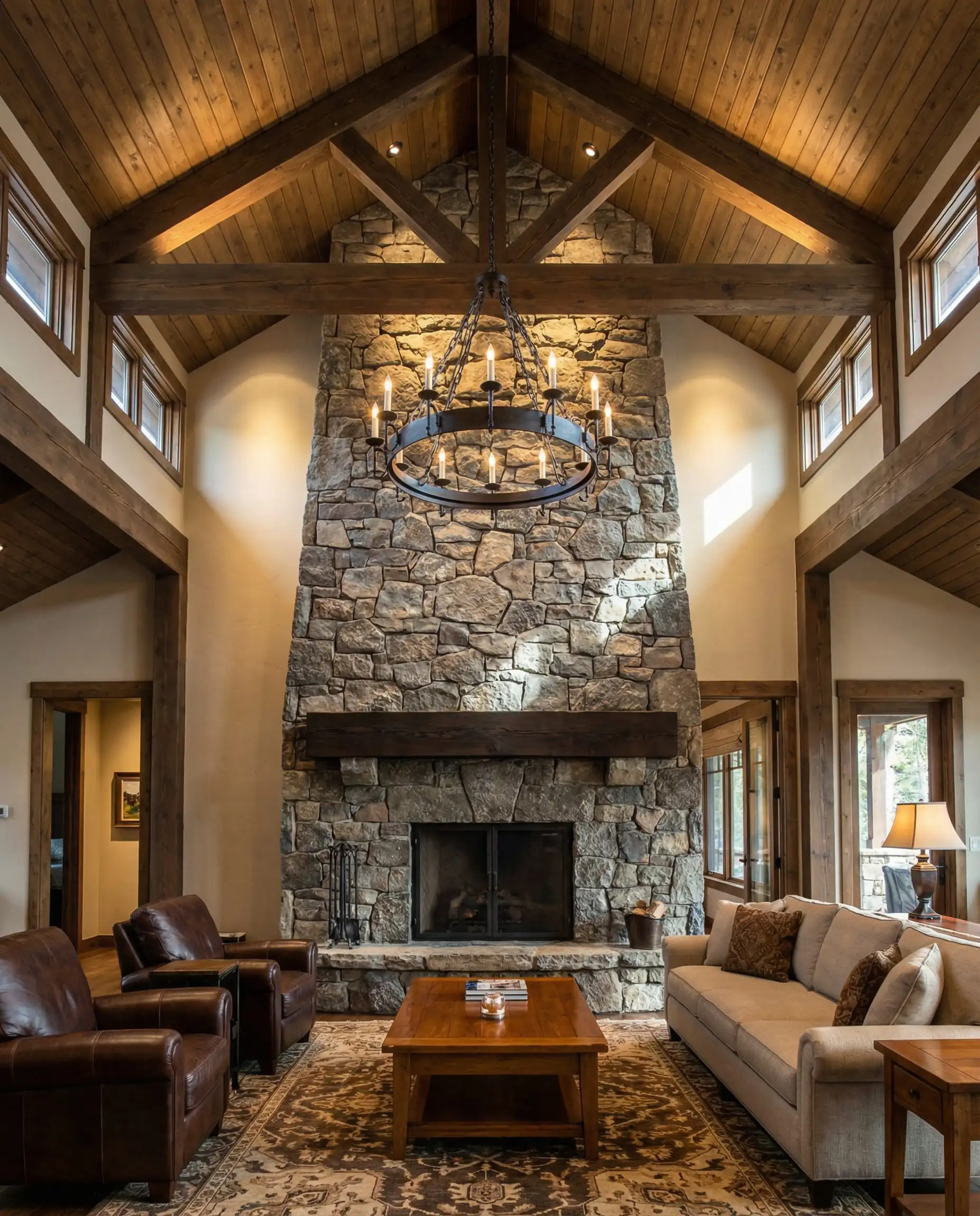 Large stone fireplace in a room with vaulted ceilings featuring a thick timber mantel mounted at 62 inches to match the room scale.