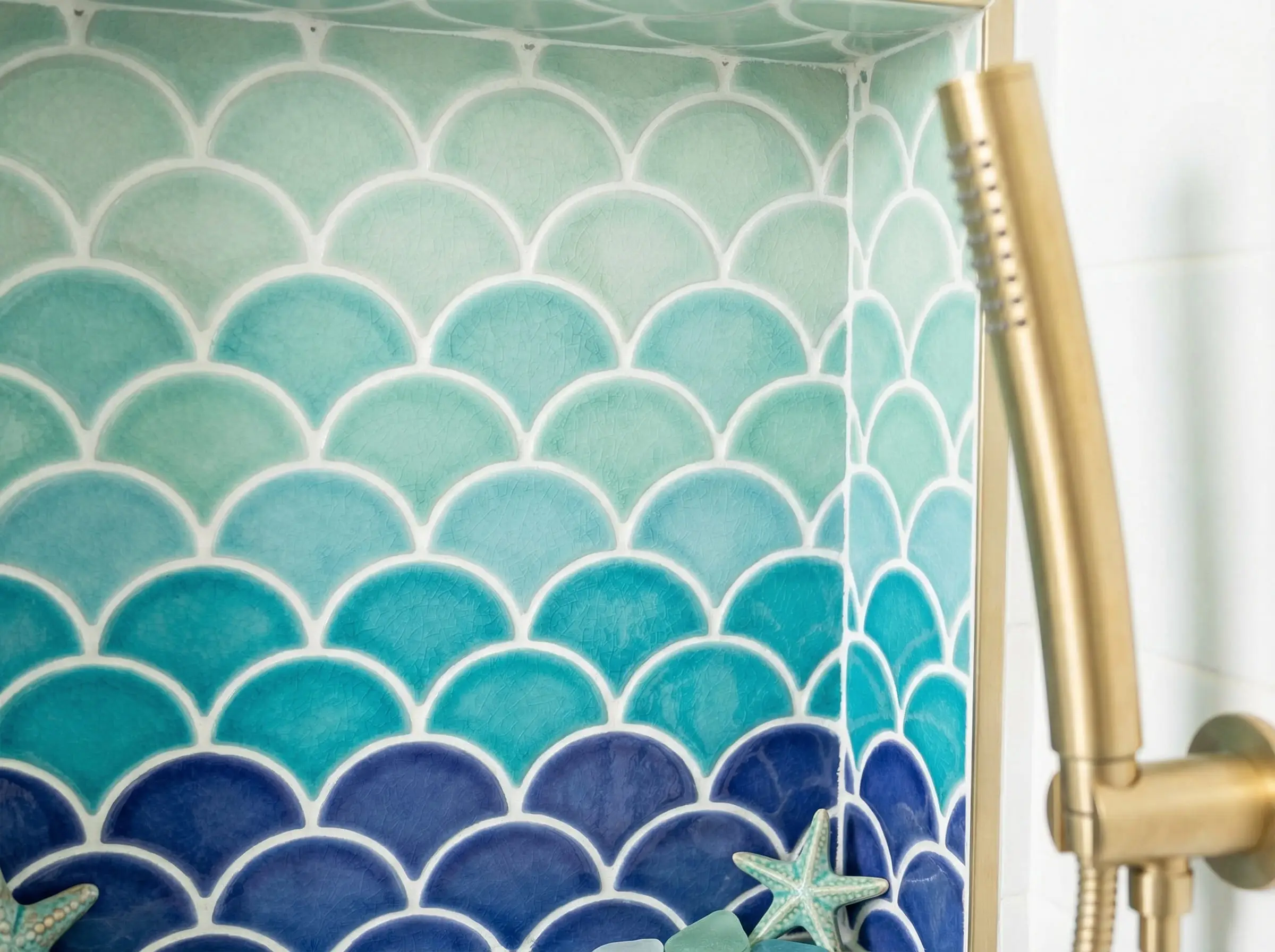 Shower niche detail with blue and green gradient fish scale (scallop) tiles.
