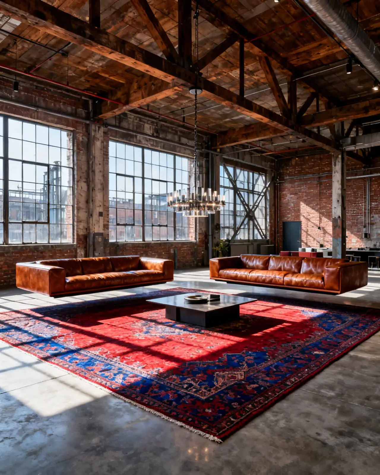 A large open-concept industrial loft with two cognac leather sofas floating in the center of the room on a large Persian rug.