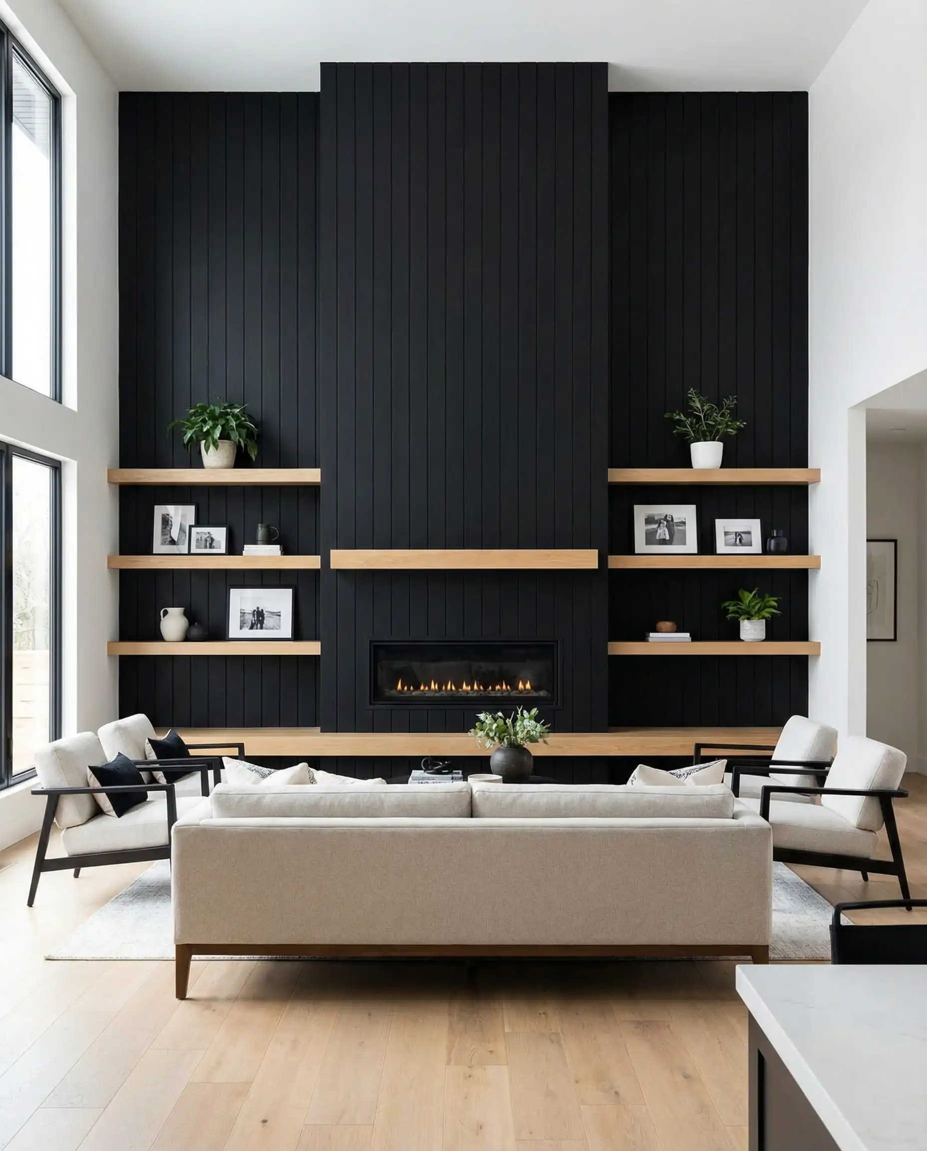 Black shiplap wall with thick floating white oak shelves mounted on either side of the fireplace.