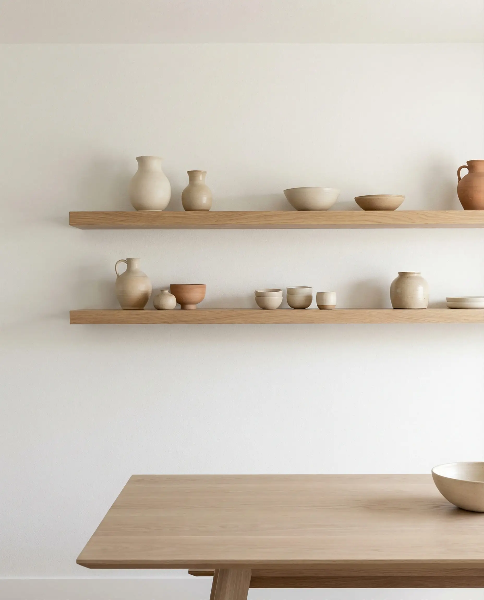 Japandi style dining room with two floating white oak shelves displaying a curated collection of beige ceramics.