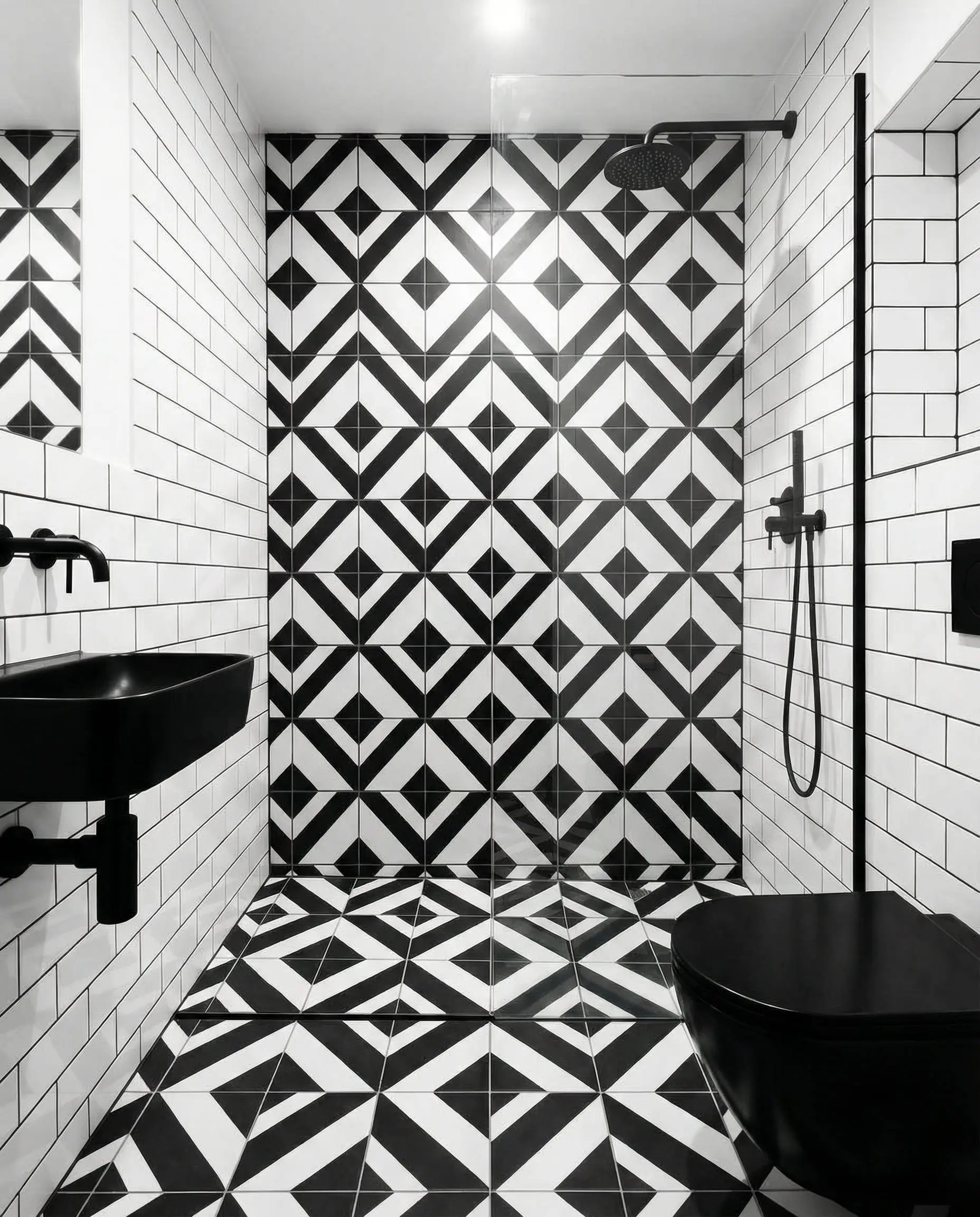 Small wet room where black and white geometric floor tiles continue up the shower wall to add depth.