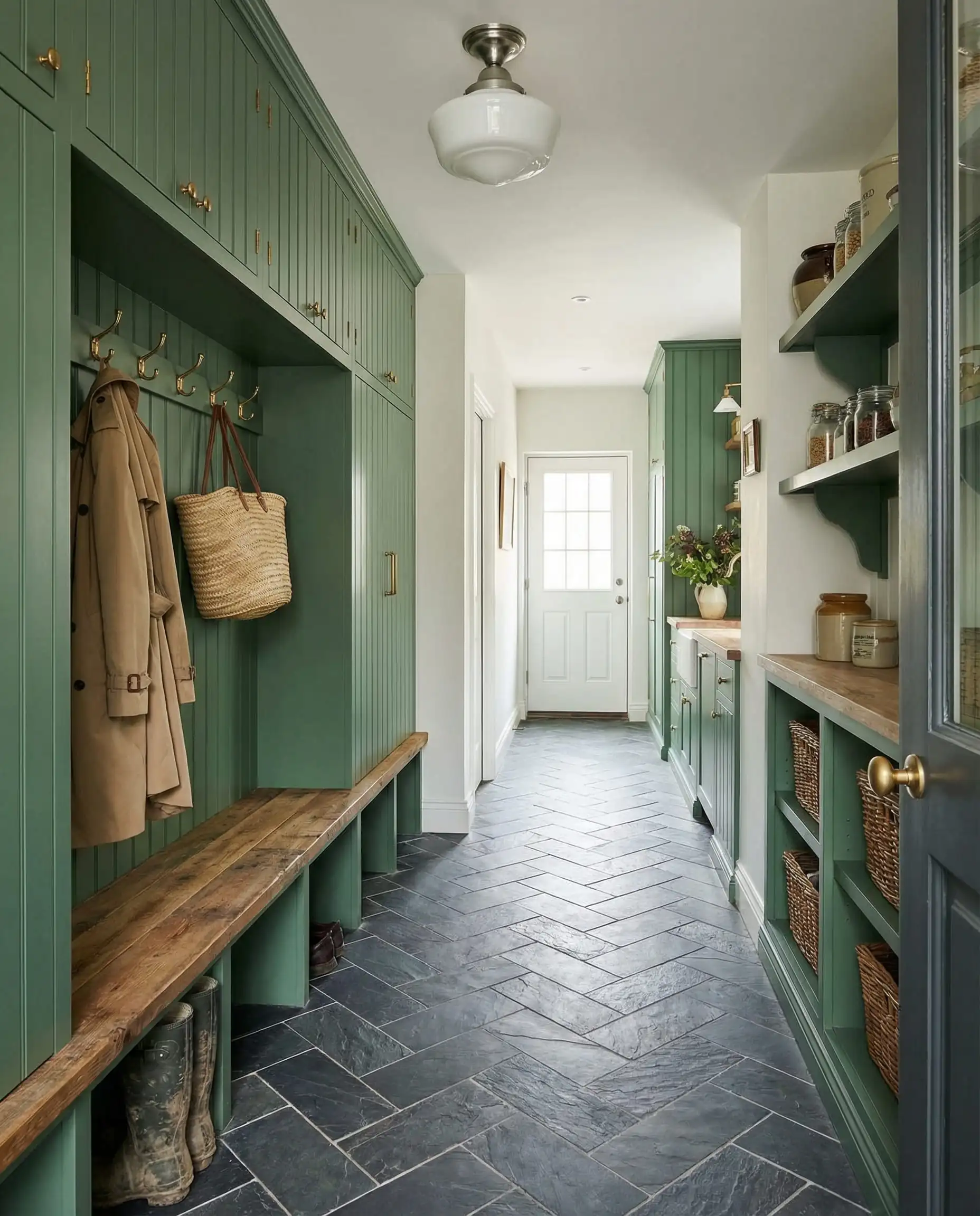 Narrow mudroom with built-in forest green cabinetry and durable dark gray slate herringbone tiles.