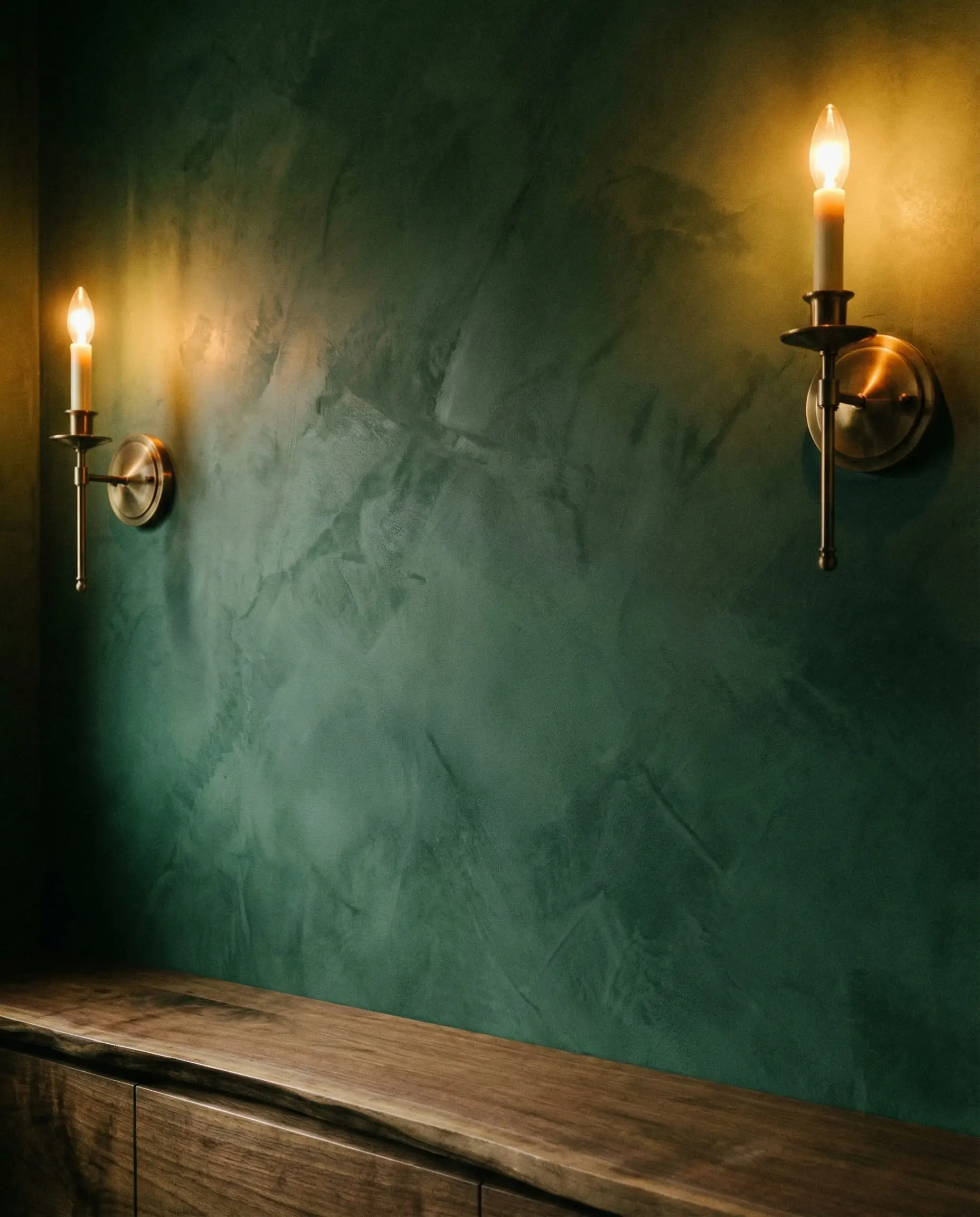 Texture-focused shot of a deep forest green Venetian plaster wall with antique brass sconces.