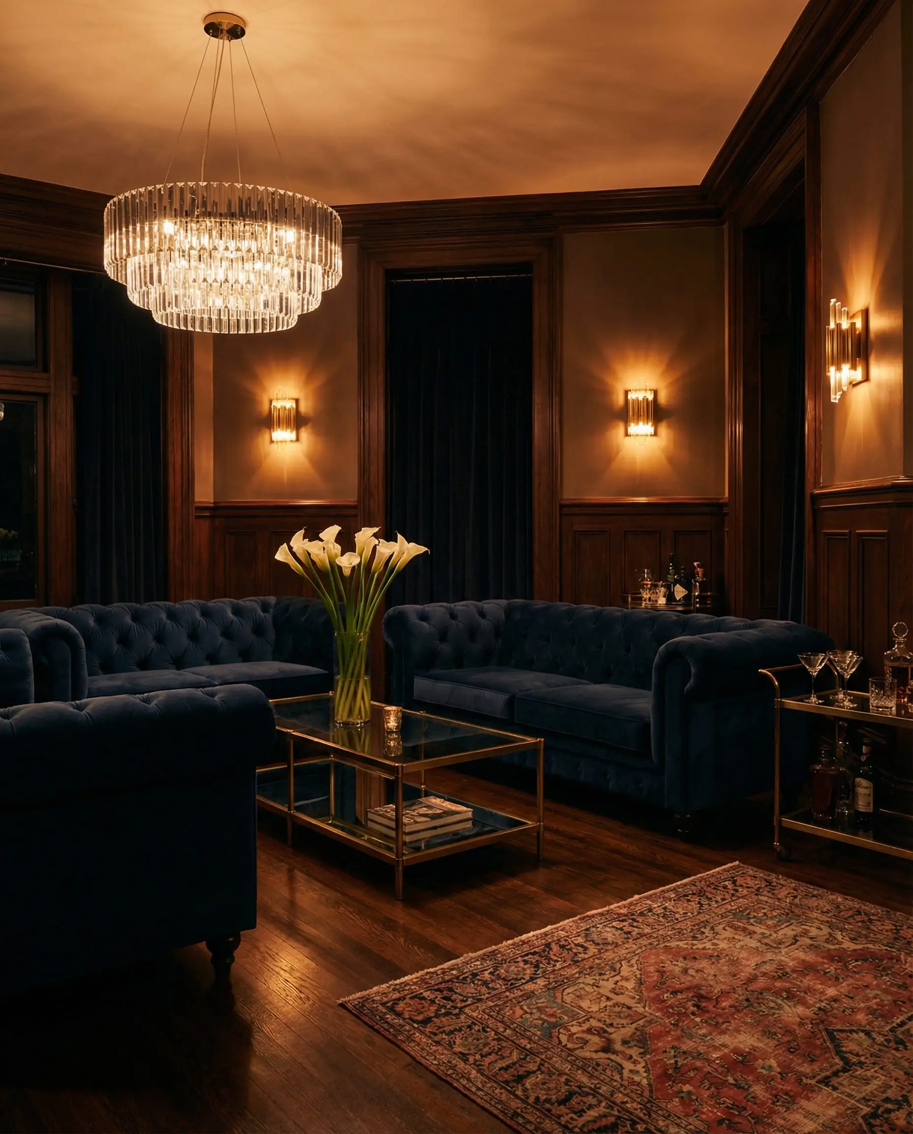A formal sitting room featuring two navy blue tufted Chesterfield sofas in a parallel layout under a crystal chandelier.