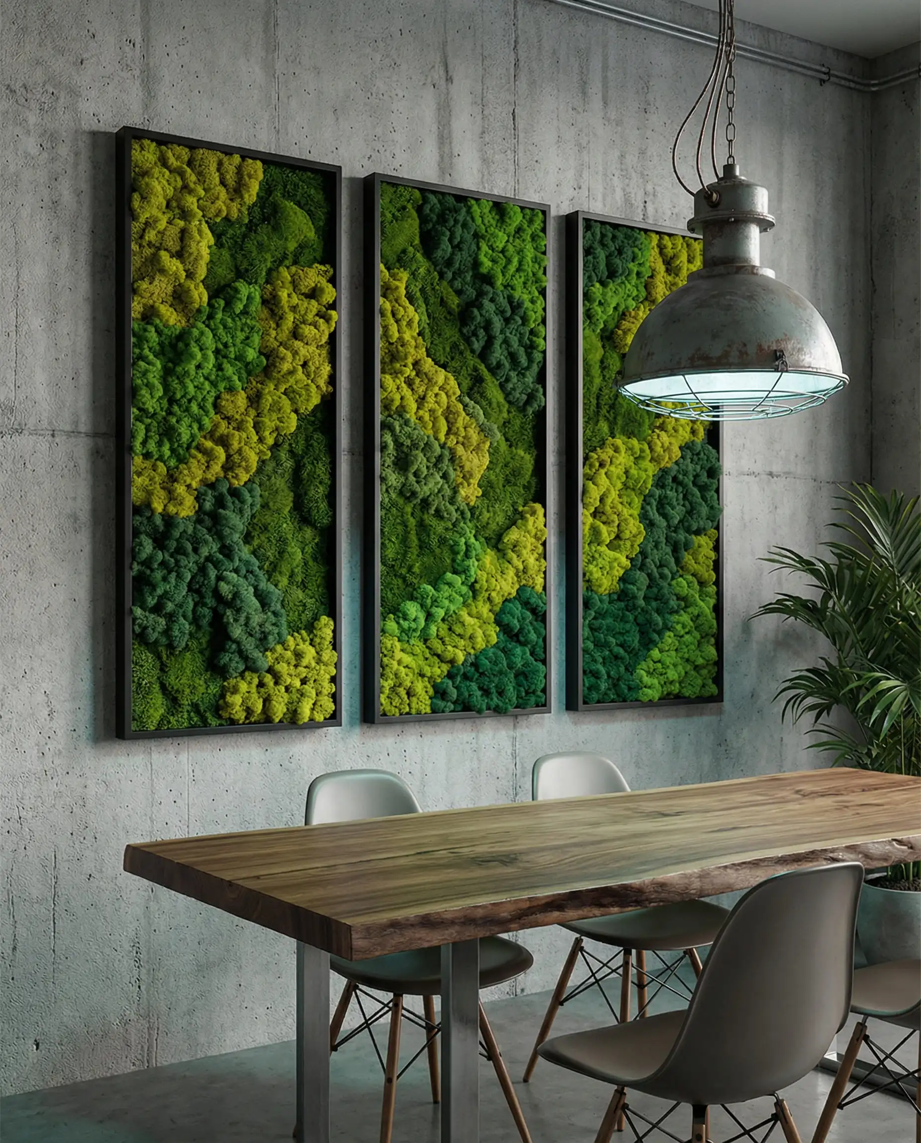 Industrial dining room with raw concrete walls featuring three large vertical frames filled with preserved reindeer moss.