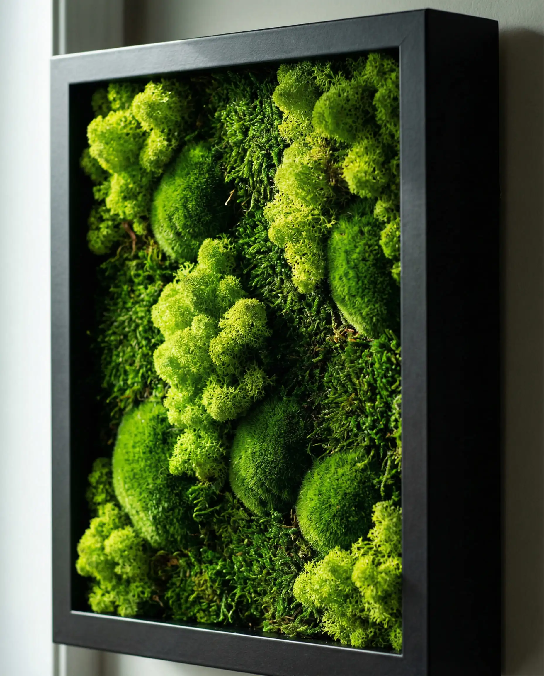 Framed biophilic wall art made with preserved reindeer and sheet moss in a 3D landscape.
