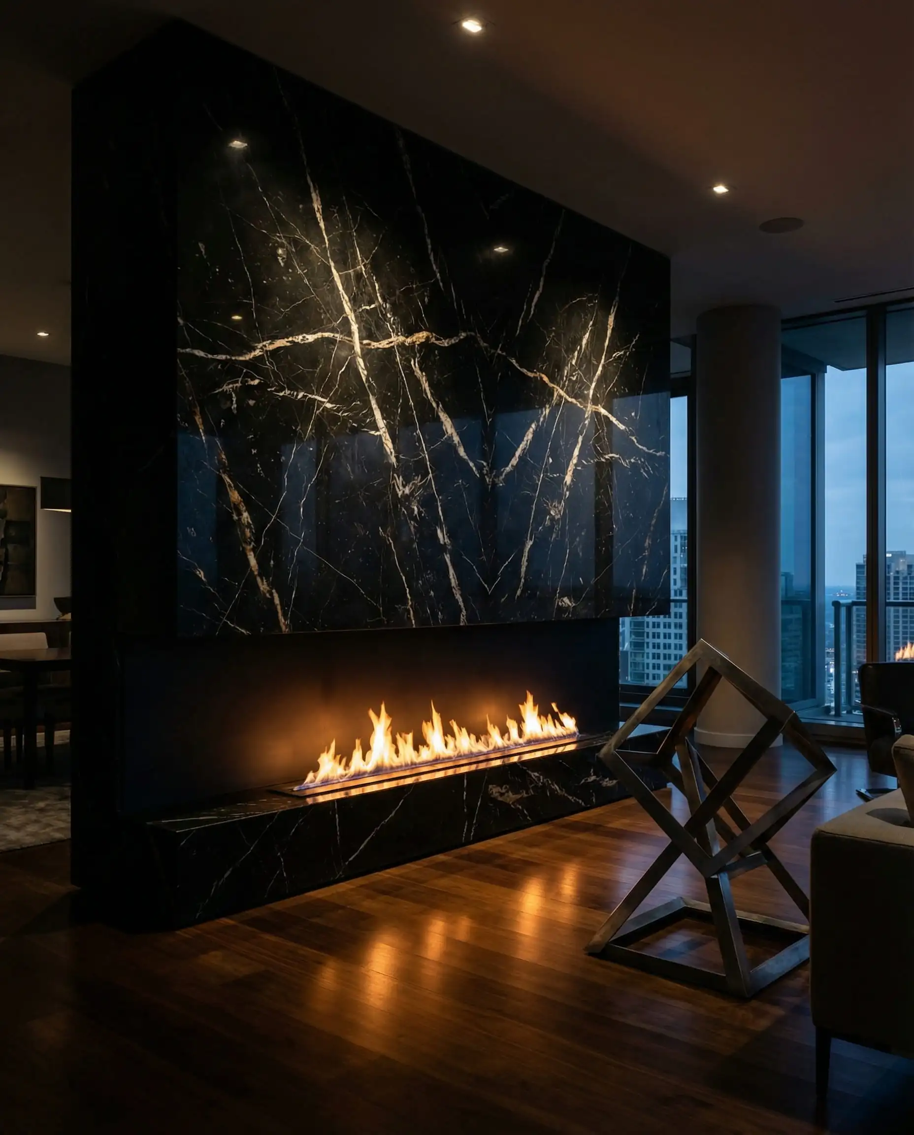 Ultra-modern minimalist living room with a frameless linear gas fireplace set in a Nero Marquina marble wall with no mantel.