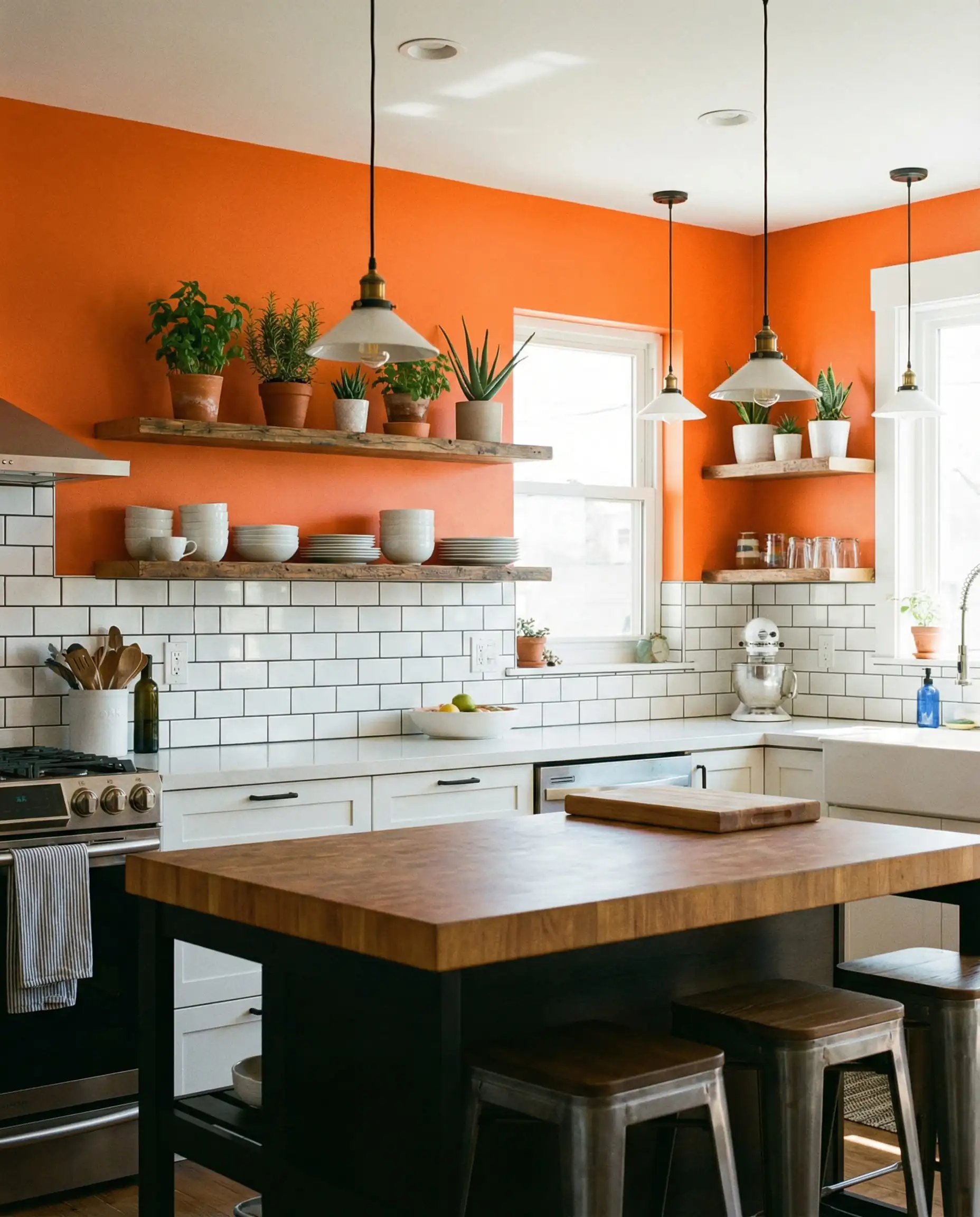 Modern kitchen with orange upper walls, white subway tile backsplash, and wooden open shelves.