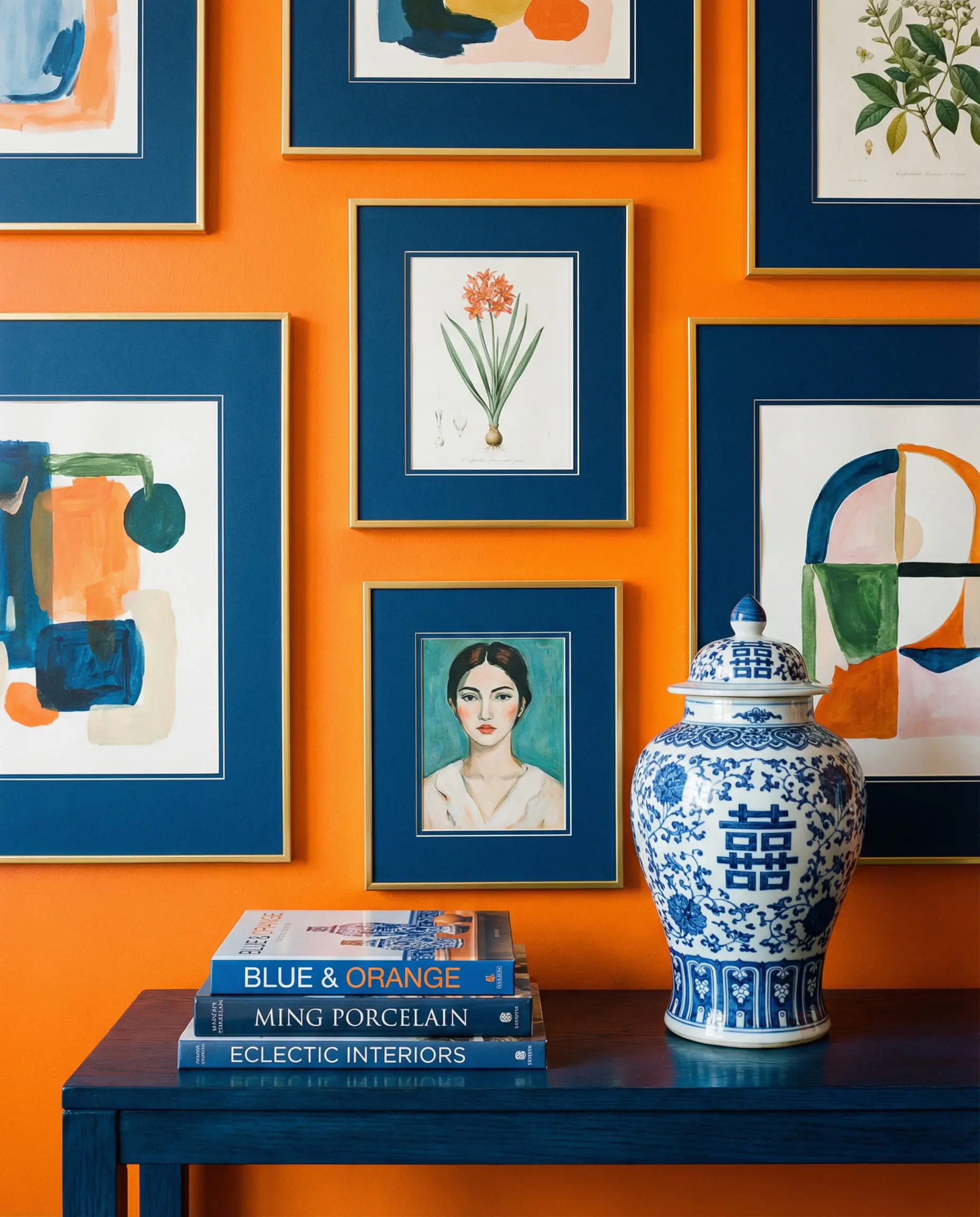 Gallery wall detail on a pumpkin orange wall featuring artwork with oversized navy blue matting and gold frames.