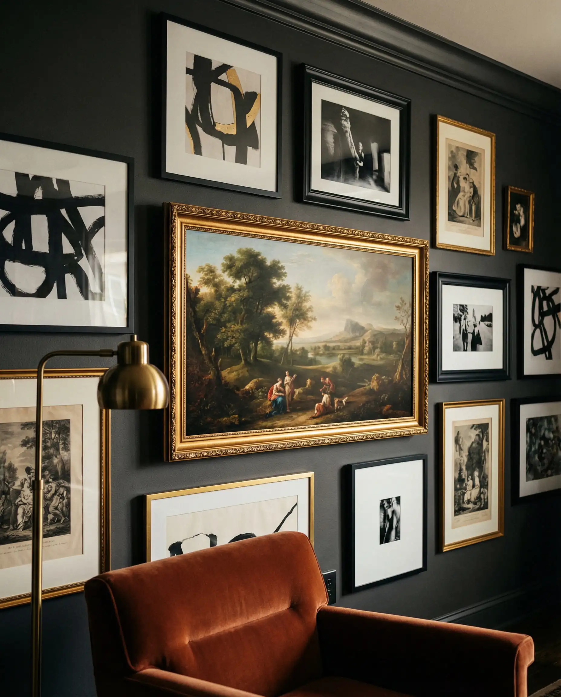 Dark moody living room gallery wall featuring a Frame TV disguised as art amidst other frames.