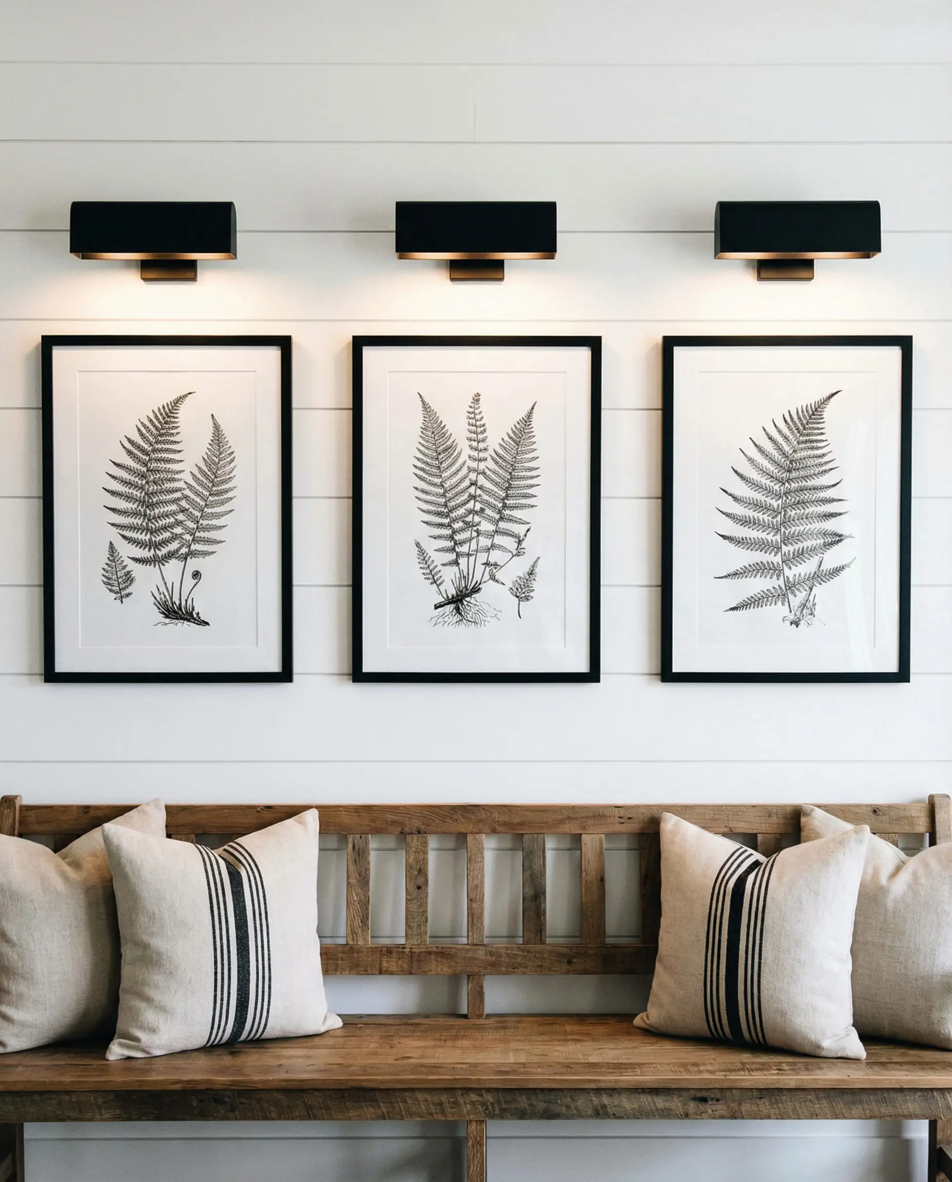 Symmetrical gallery row of three botanical prints, each illuminated by its own small black picture light.