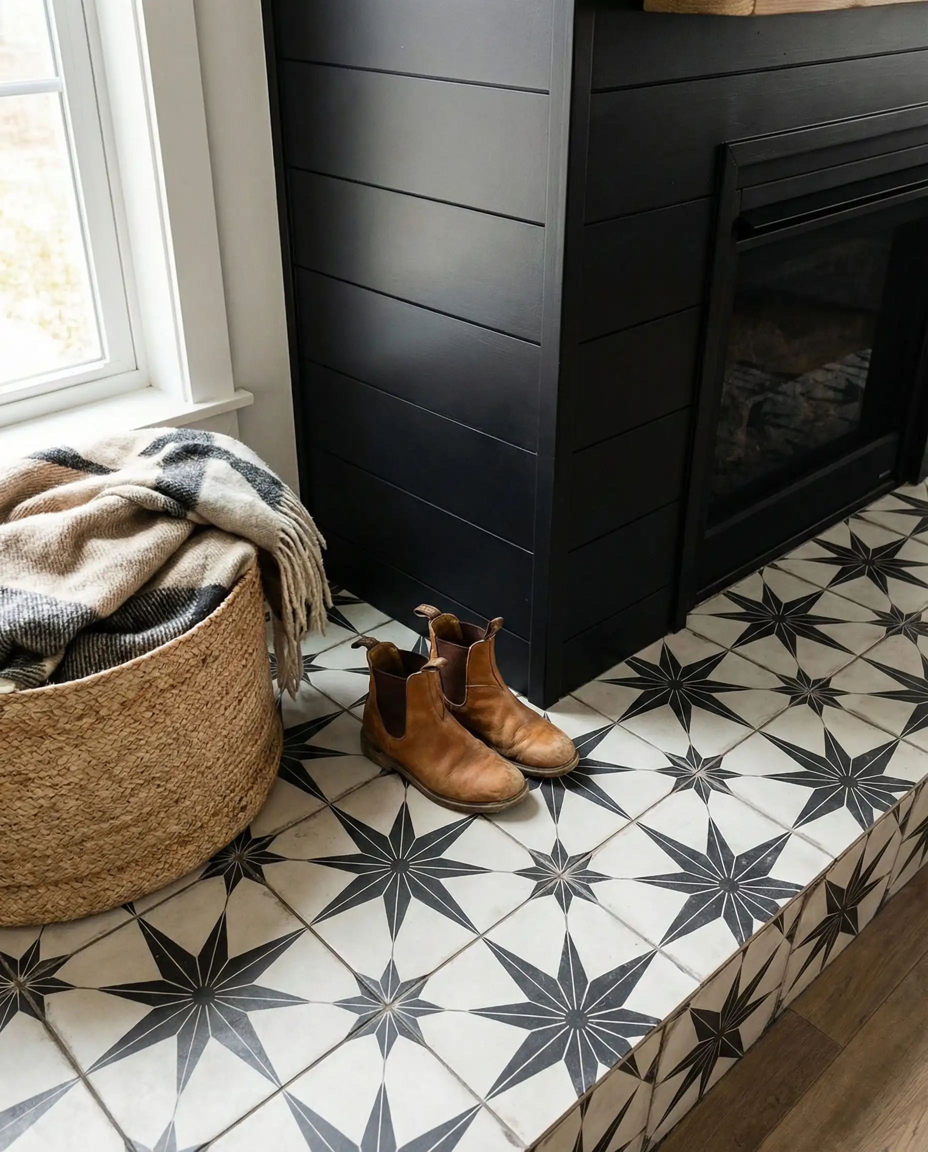 Black and white geometric cement tile hearth in front of a black shiplap fireplace.
