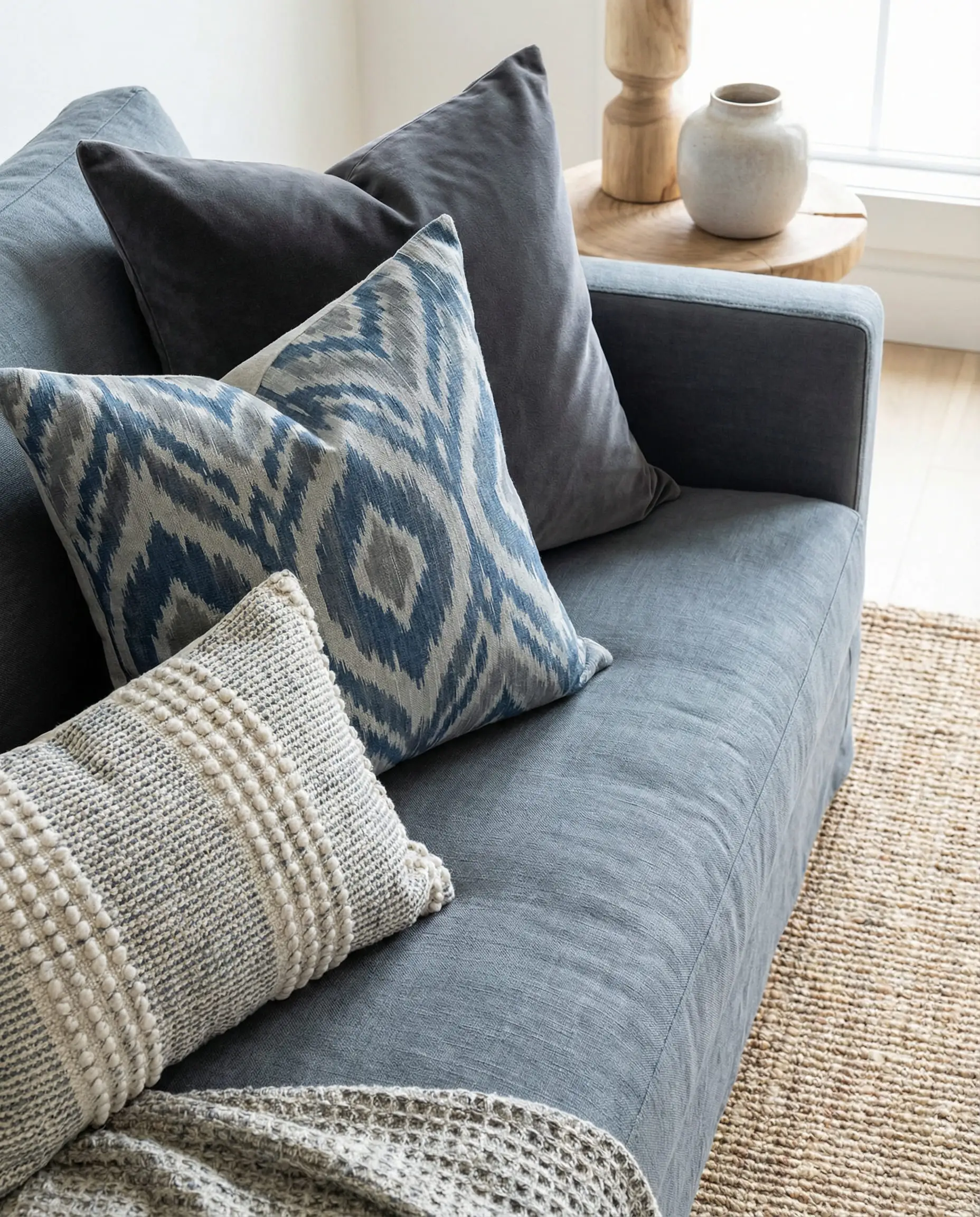 Grey-blue couch styled with charcoal solid, Ikat pattern, and textured dot pillows.