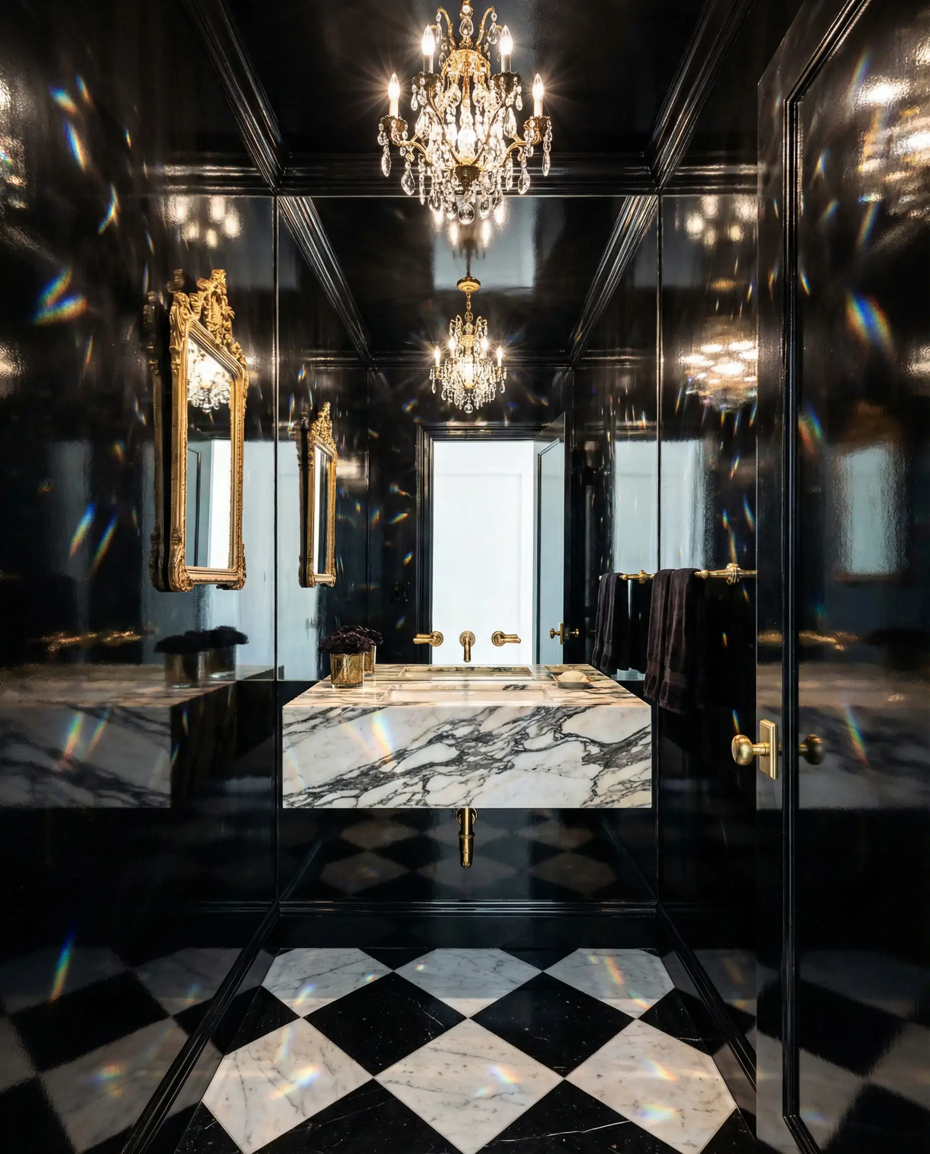 Tiny powder room painted in high-gloss black to create an infinite jewel-box effect.