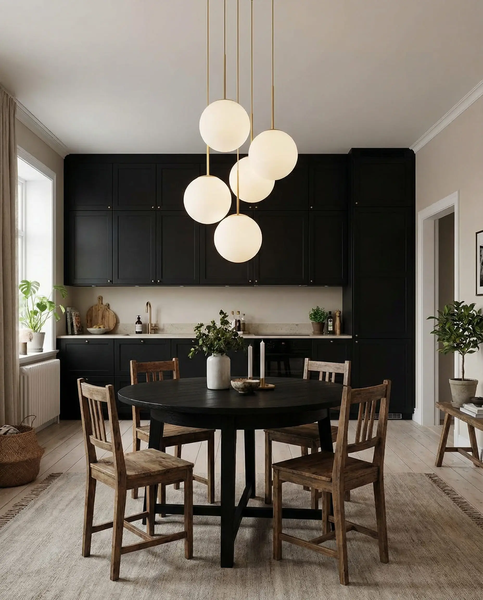 Dining area in a black kitchen featuring a cluster of frosted glass globe pendants with gold stems.