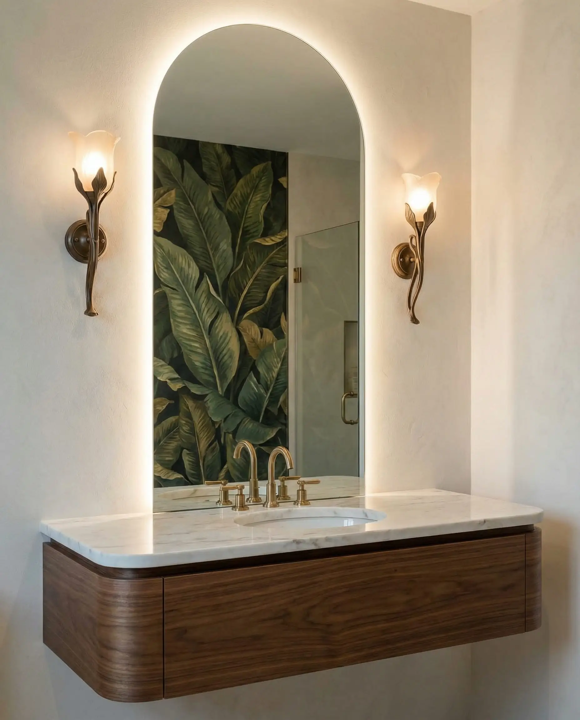 Bathroom vanity featuring a tall gold-framed arched mirror flanked by floral wall sconces.