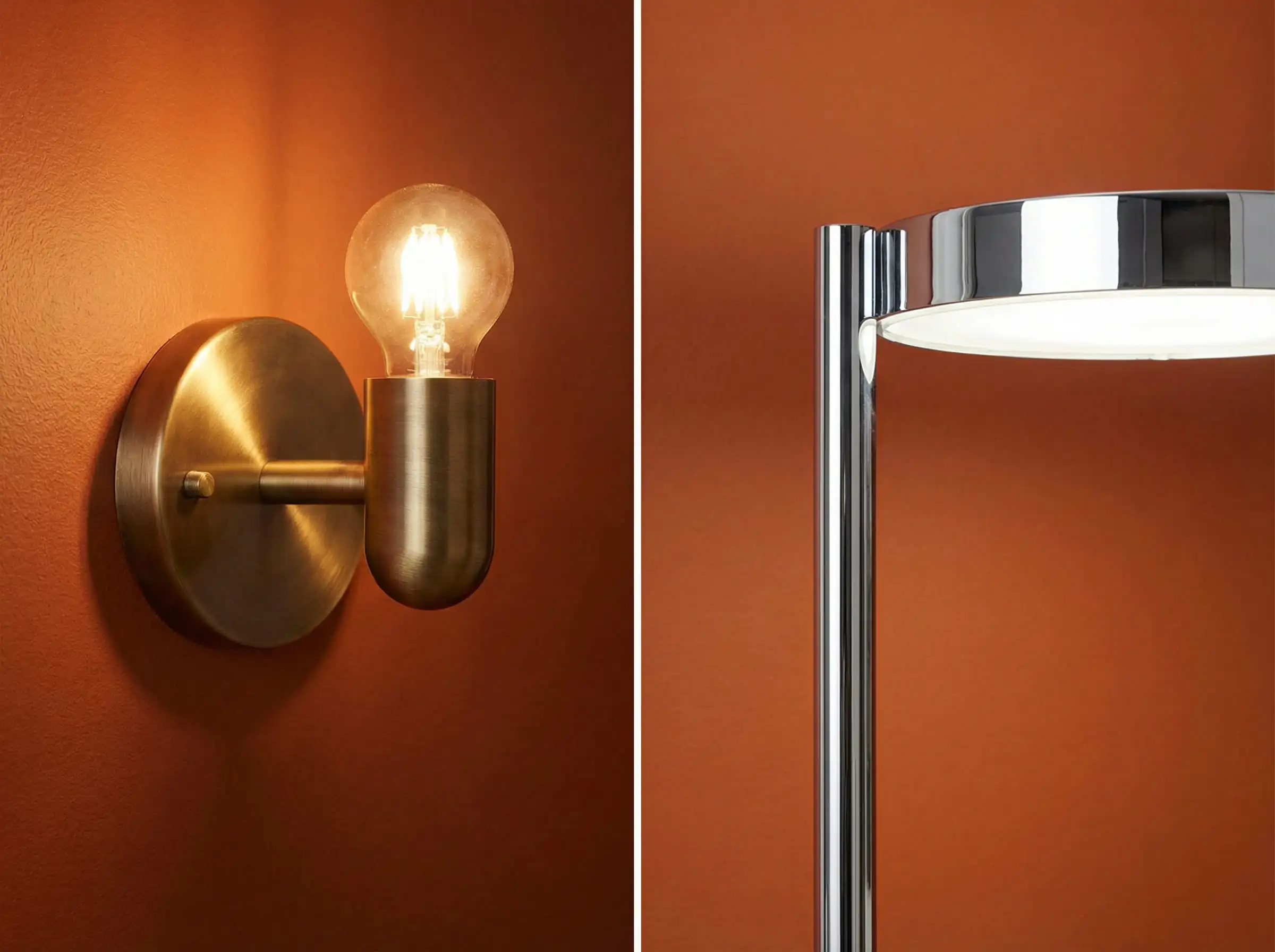Split image comparison of lighting fixtures on an orange wall: Brushed gold sconce (warm) vs Chrome floor lamp (cool).