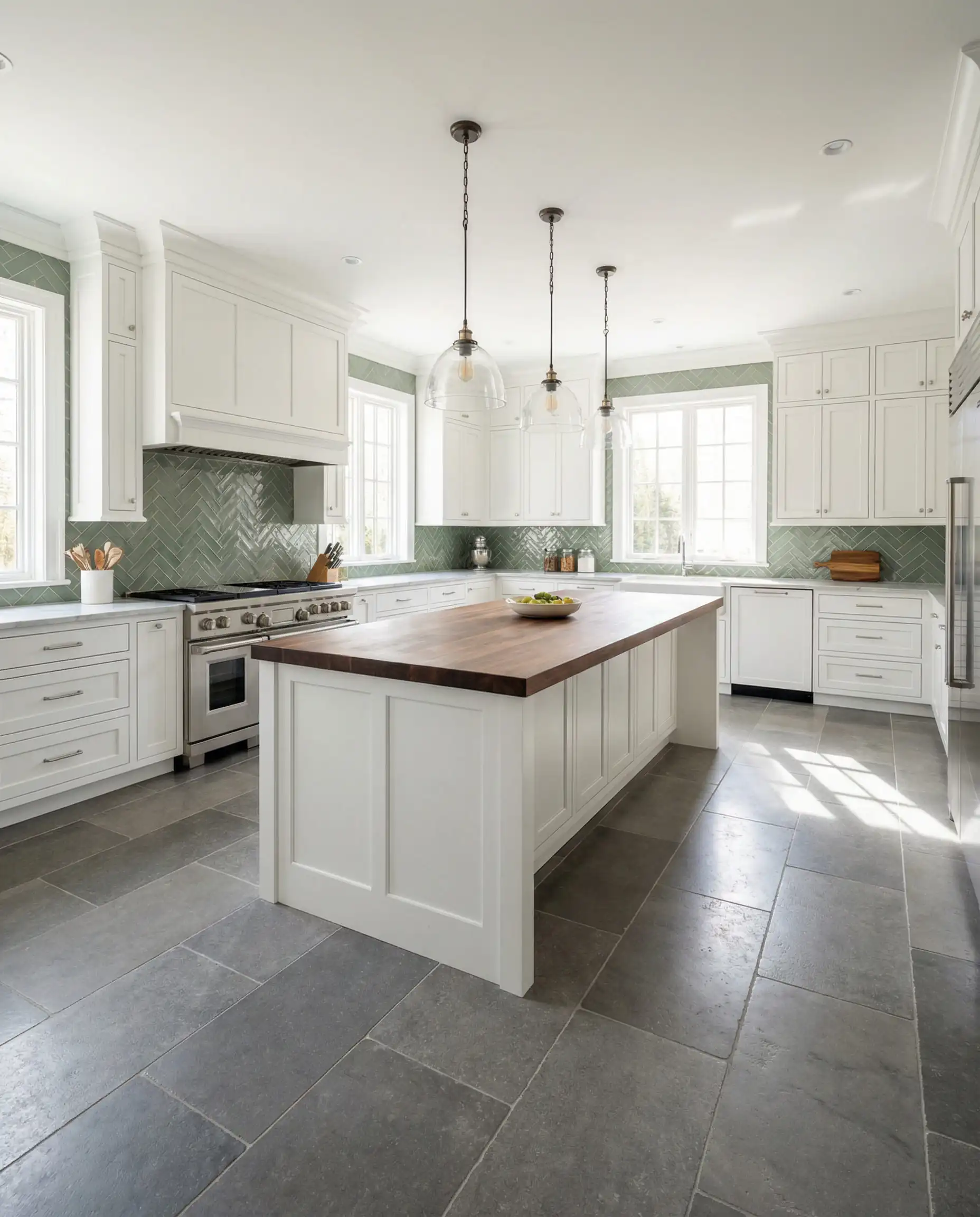 Gourmet kitchen with gray limestone tile floors, white shaker cabinets, walnut island, and sage green herringbone backsplash.