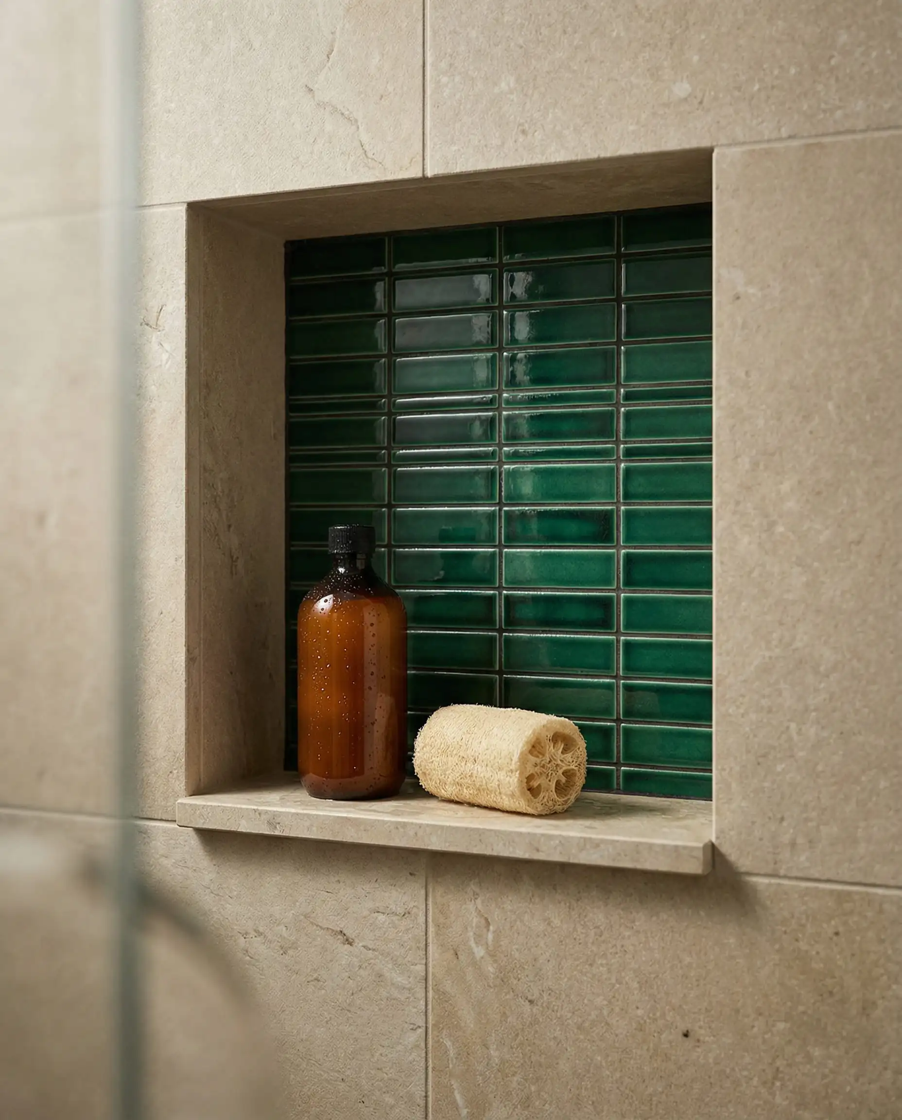 Close-up of a shower niche tiled with glossy emerald green kit-kat mosaics against a neutral limestone wall.