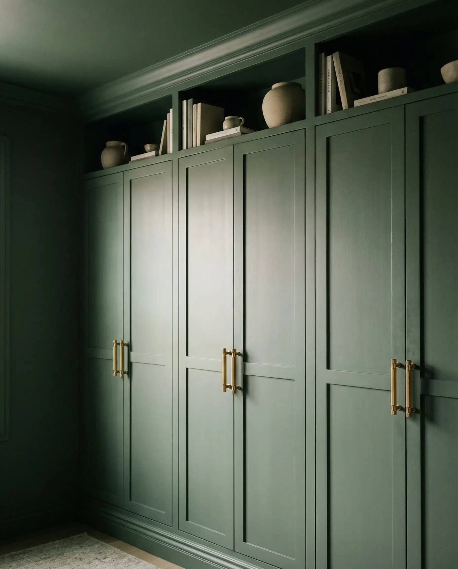 Vertical shot of living room storage wall painted in deep sage green with brass handles to match the walls.